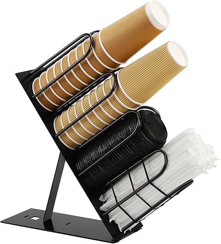 Soporte de metal para tazas y tapas, dispensador de taza de café con 4 compartimentos, soporte para taza de café negro para encimera, organizador de