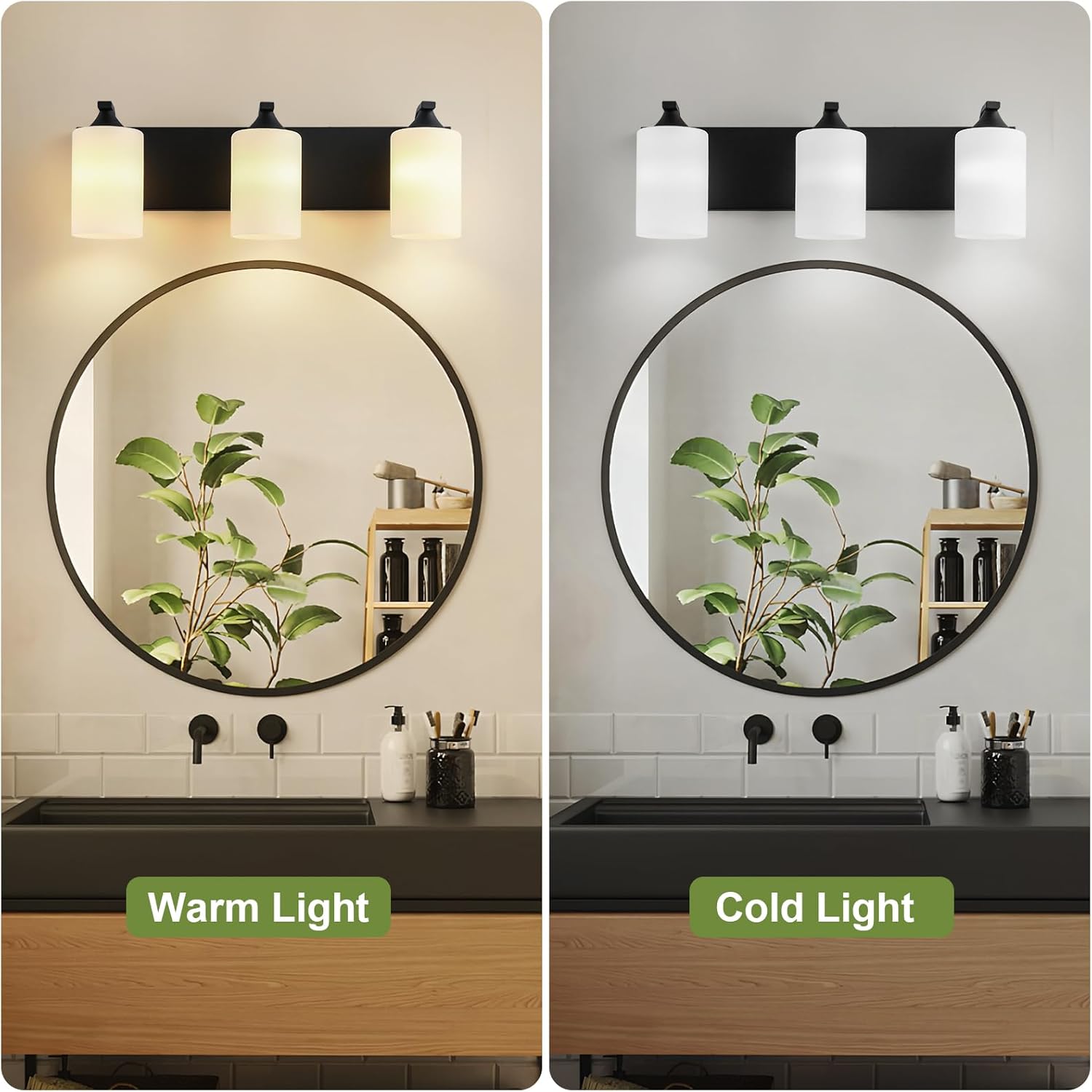 Bathroom Vanity Light Fixtures,3-Light Matte Black Bathroom Lighting Fixtures Over Mirror with Milk White Glass Shades Modern Farmhouse Vanity Lights Wall Sconces