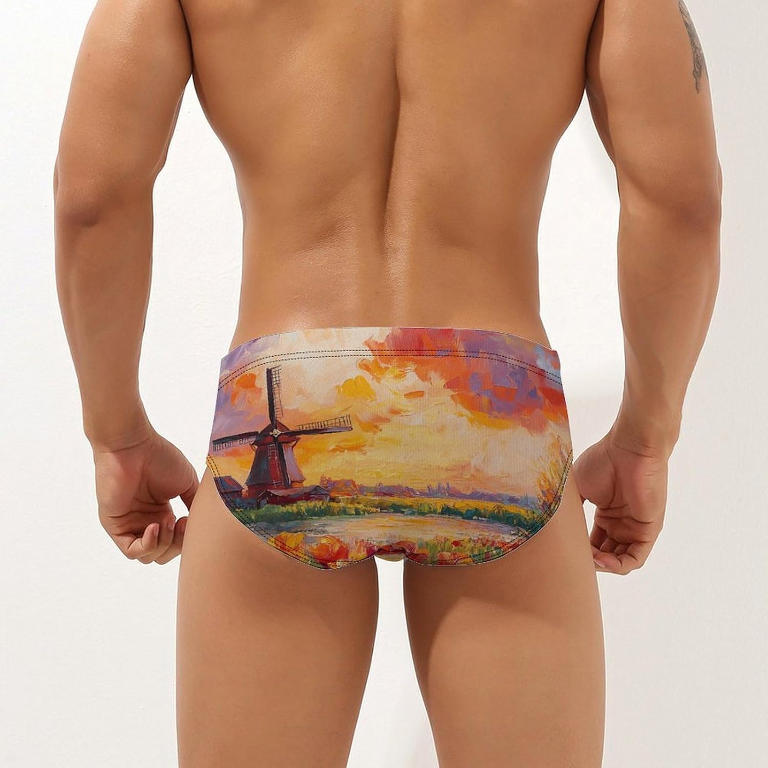 Field of Tulips and Windmill Mens Swim Briefs Print Bikini Swimwear Sport Swimsuit Surf Shorts Trunks