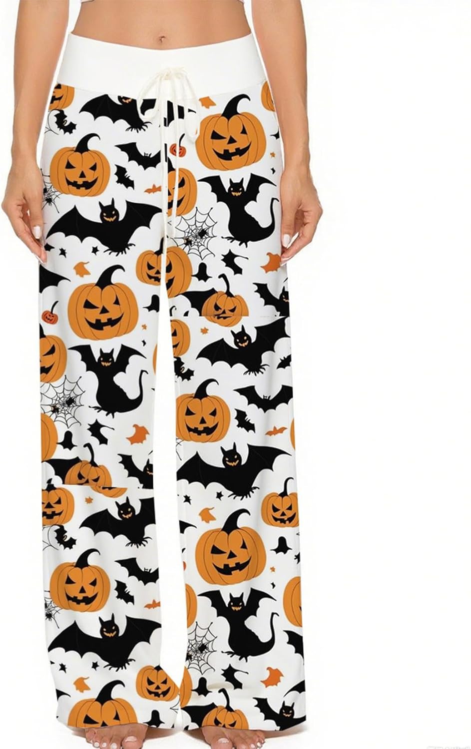 Women Halloween Pajamas Pants Cute Pumpkin Print Wide Leg Drawstring Palazzo Lounge Pants Party Sleepwear