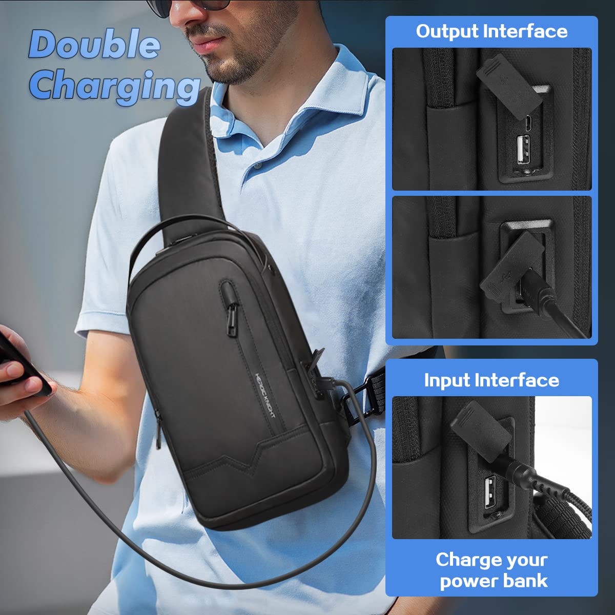 hk Bolso Hombre Bandolera, Bolso Cruzado de Hombro 9.7''con USB Mochila Práctica Paquete Impermeable para Trabajo y Ocio Viaje Deporte Oficina Unversidad