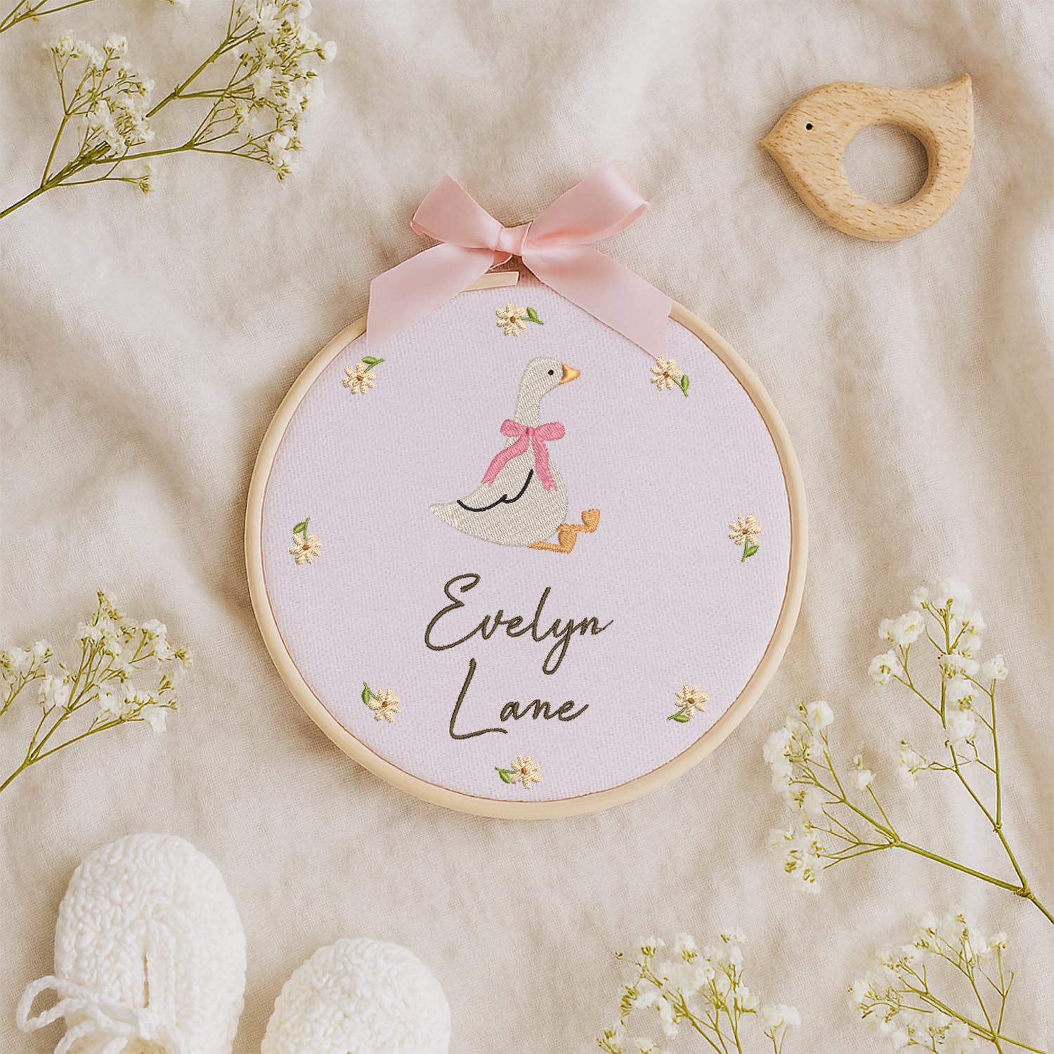 Personalized Baby Name Sign Welcome Baby Announcement Sign Newborn Baby Embroidery Hoop with Bows Baby Hospital Name Sign Custom Infant Baby Name Baby Shower Gifts (08)