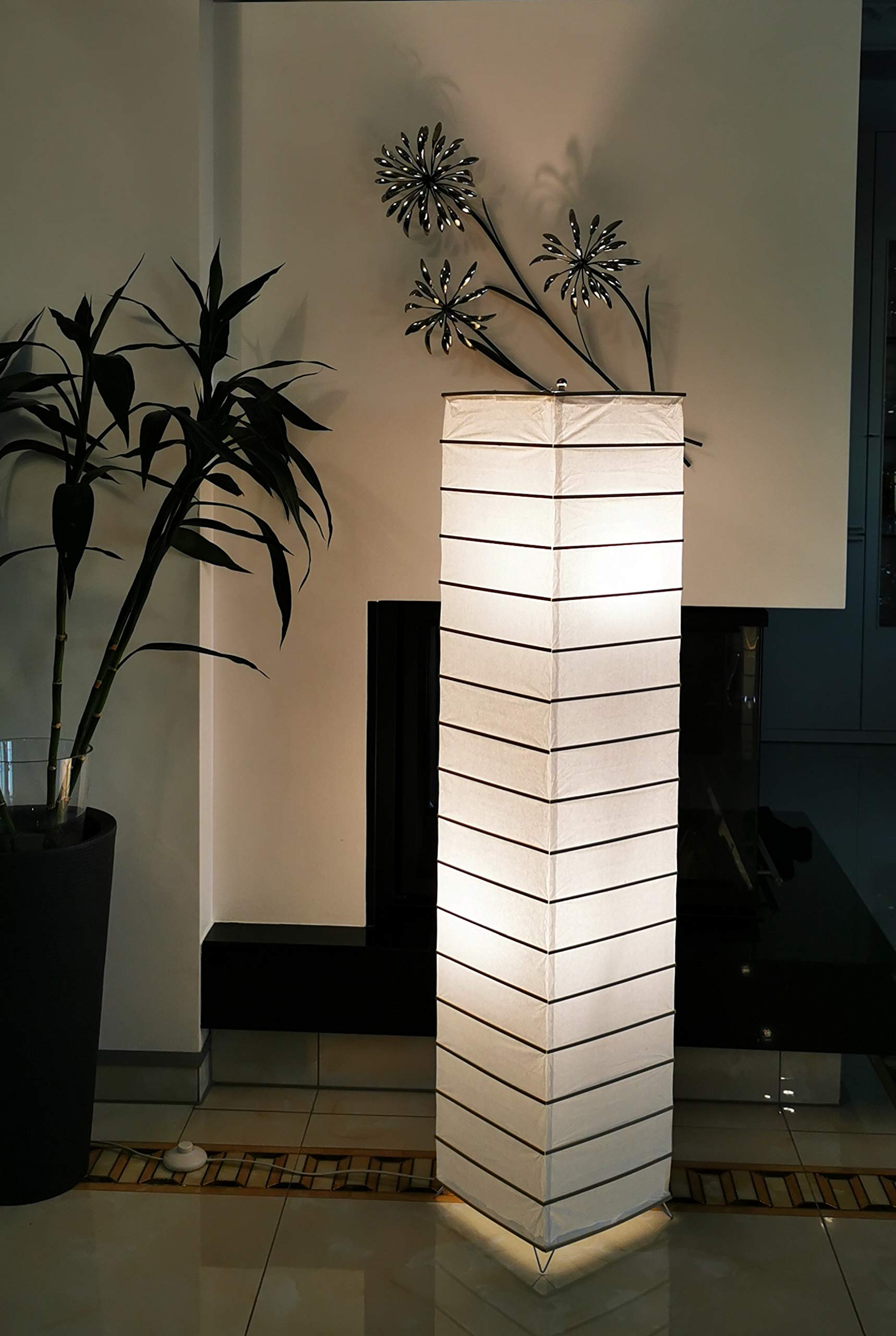 Trango Lampadaire design 1215 *ASIA* Lampe en papier de riz *HANDMADE* en blanc avec tiges décoratives incl. 2x Douille E14 - Forme : angulaire - Hauteur : 125cm - Lampe de salon - Lampadaire