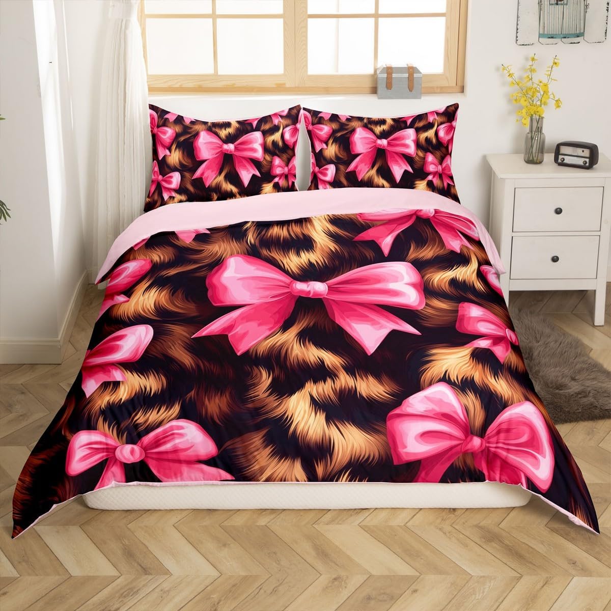 Cartoon Bowknot Duvet Cover Toddler Size,Cowhide Cow Skin Printed Comforter Cover with 1 Pillowcase,Girls Woman Princess Style Bedding Set 2pcs,Cowgirl Farmhouse Style Quilt Cover,Not Comforter
