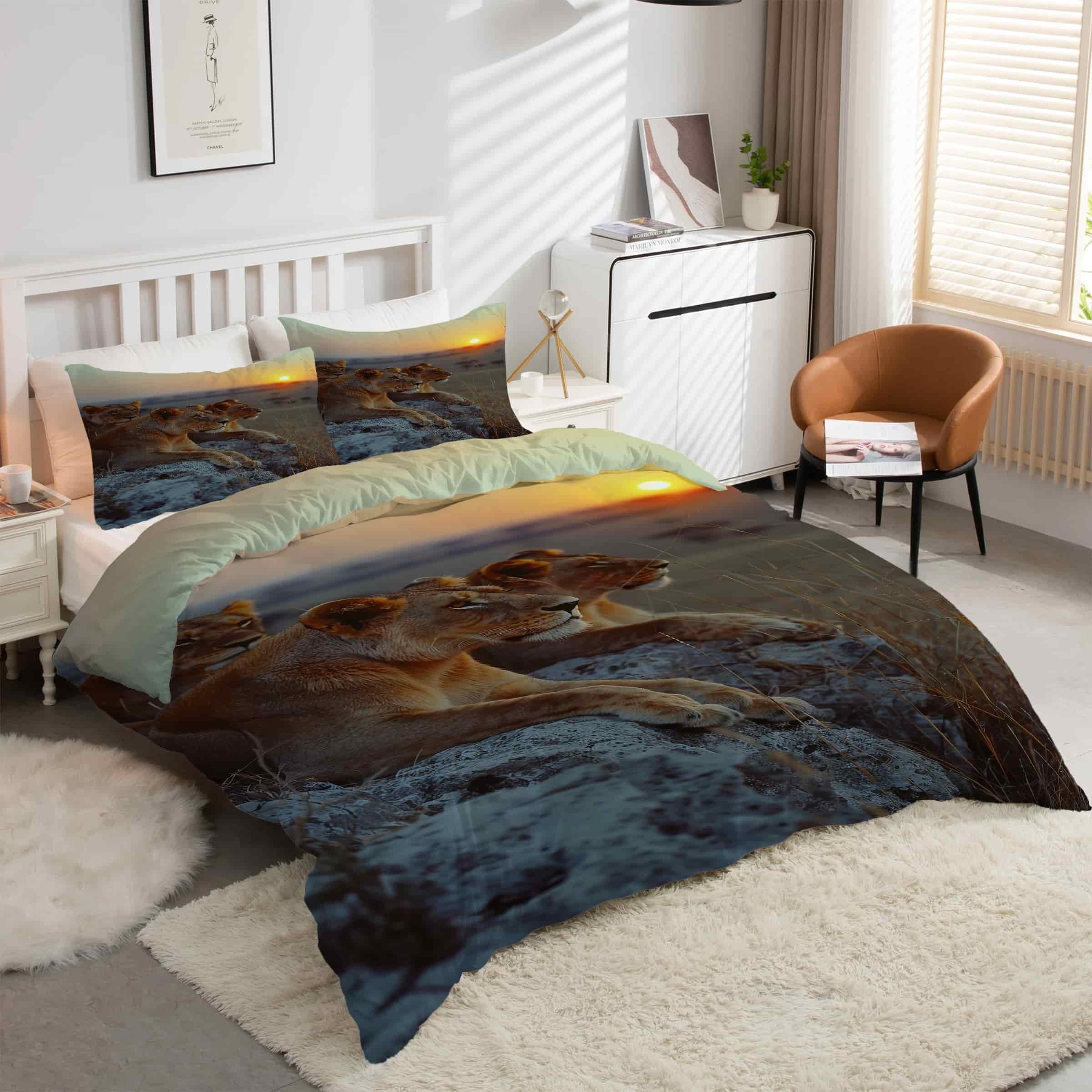 Housse de couette 200x200 animaux lion avec 2 taies d'oreiller en microfibre douce