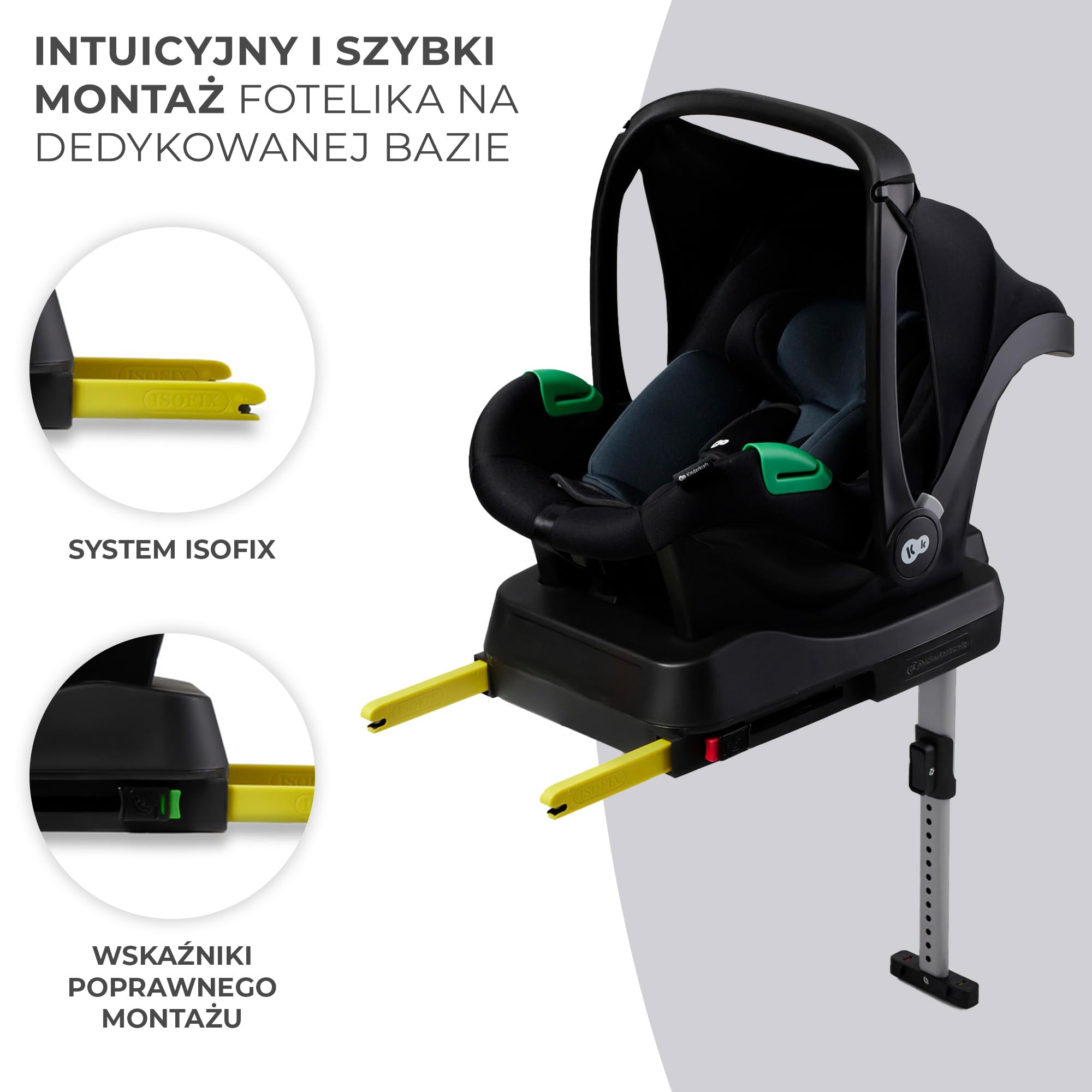 Kinderkraft MINK PRO FX, Fotelik z Bazą, i-Size R129, od urodzenia do 13 kg, 40-75 cm, Fotelik Samochodowy, Fotelik Dziecięcy, RWF, ISOFIX, Systemy Bezpieczeństwa, Wkładka z pianki Memory, Czarny