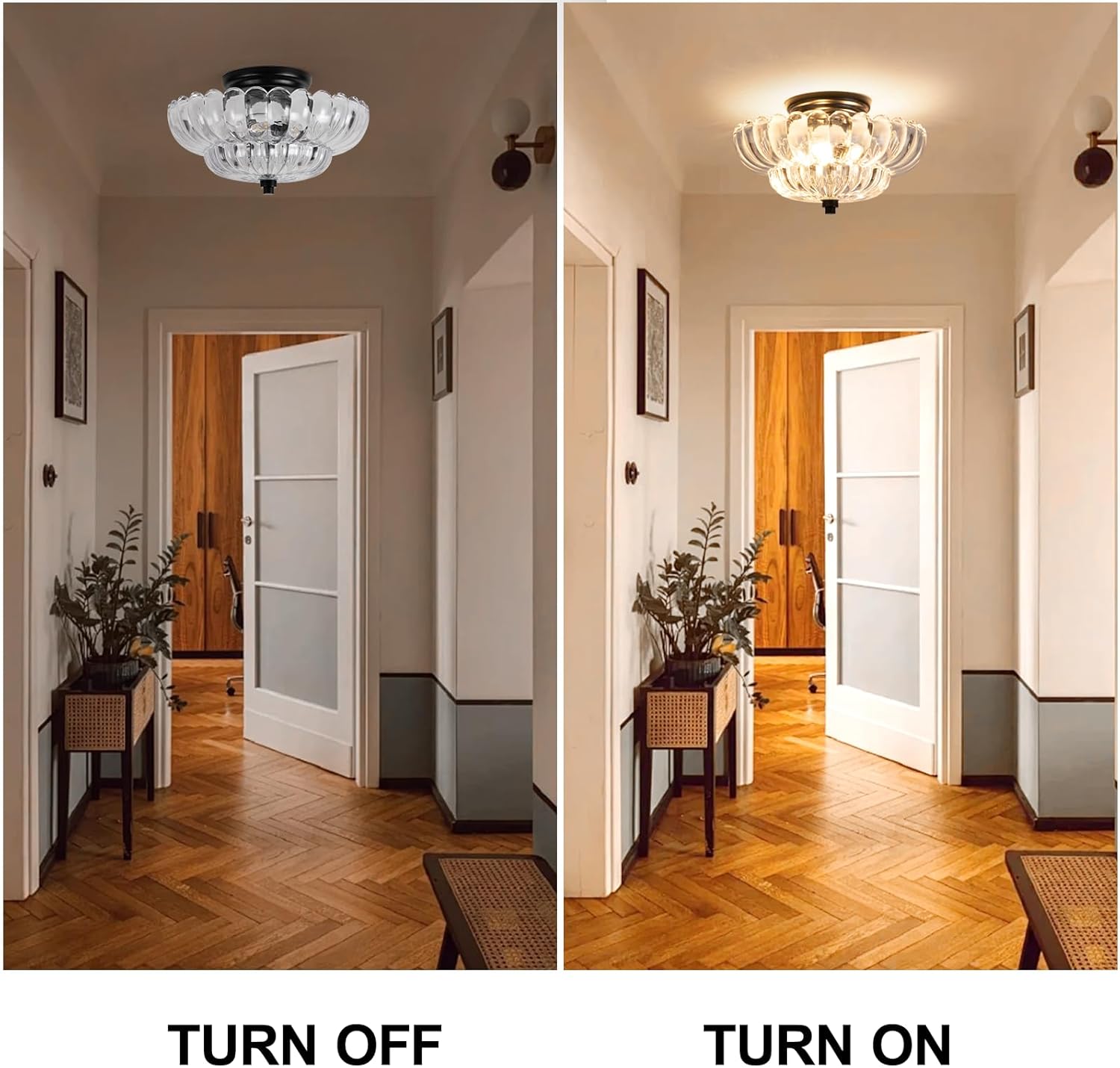 Semi Flush Mount Ceiling Light, Vintage Glass Close to Ceiling Light Fixtures with 3 Lights, Modern Black Flush Mount Ceiling Lights for Hallway, Bedroom, Kitchen, Living Room