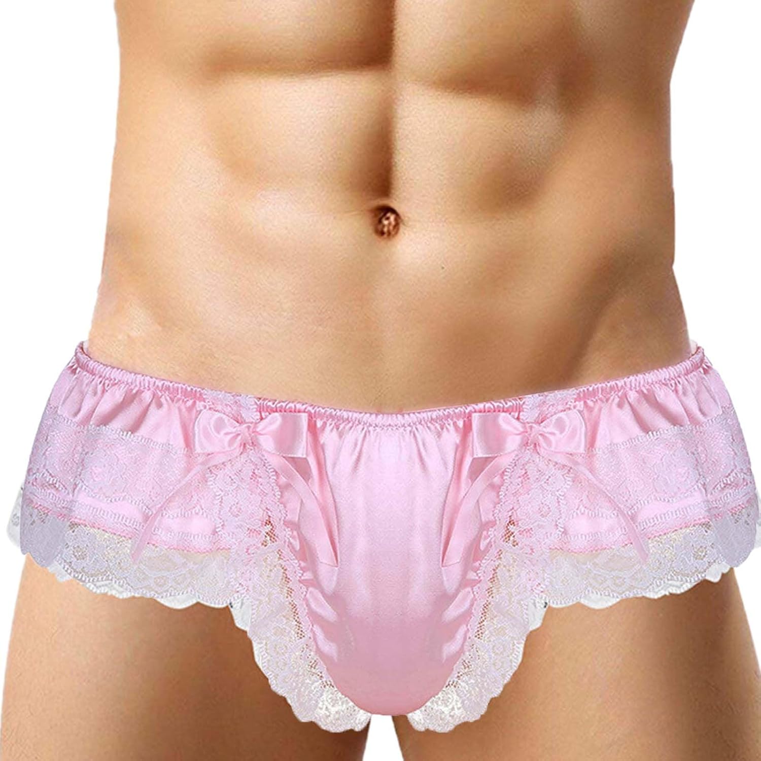 Femboy Men's Sexy Sissy Frilly Lingerie Low Rise Lace T-Back Thong Satin Underwear with Large Bow Accent