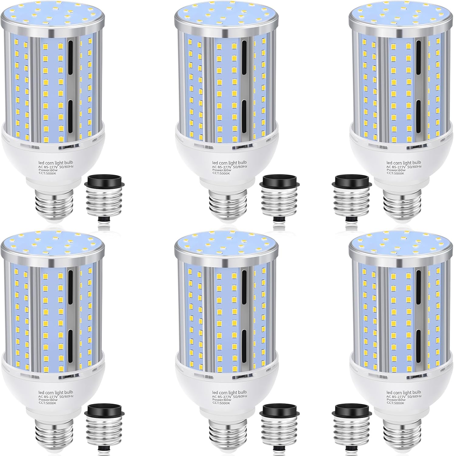 60W LED Corn Light Bulb(6 Pack),(600 Watt Equivalent) Fanless E26/E39 Medium/Large Mogul Base LED Cob Lamp 5000K Daylight 6,900LM for Outdoor Indoor Garage Warehouse Factory Workshop Street Backyard