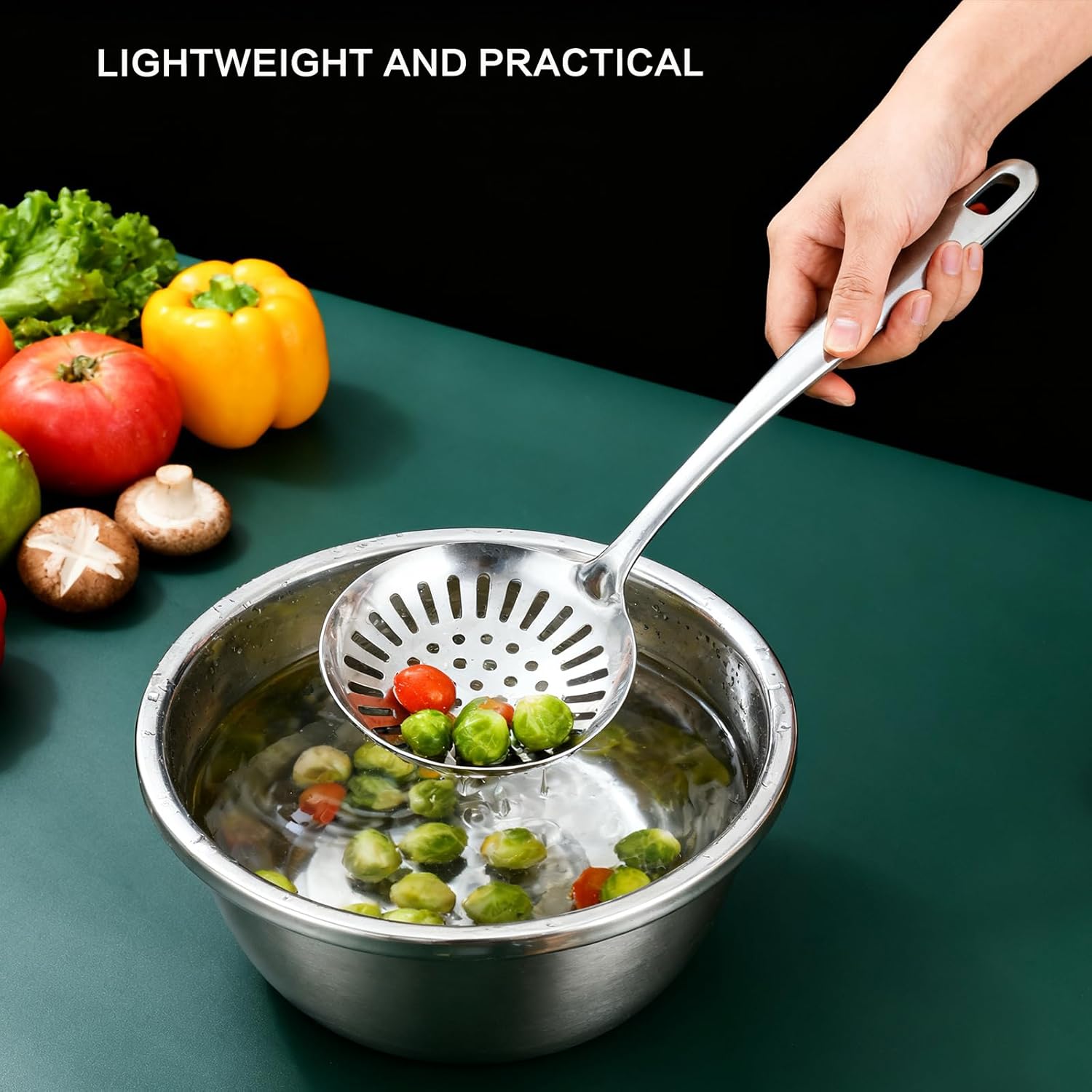 Stainless Steel Cooking Utensils Set with Holder, 7-Pieces All Metal Kitchen Utensils, 15’’ Long Kitchen Tools with Countertop Rotating Stand, Spatula, Ladle, Skimmer, Tunner, Pasta, Large Spoon