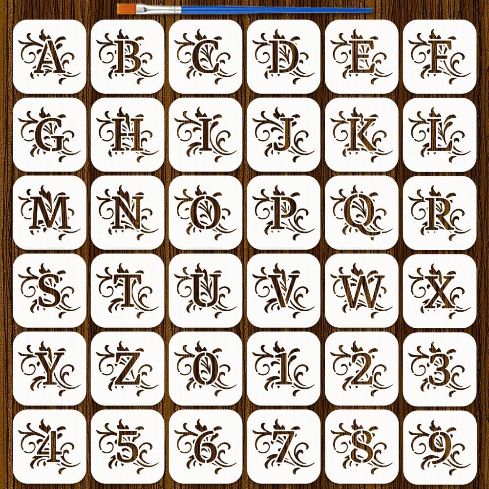 FINGERINSPIRE 36PCS Letter Number Stencils with a Brush 3.9x3.9inch Alphabet and Symbol Numbers Stencils PET Drawing Templates for Wood Signs Wall Decor Fabric Painting DIY Projects