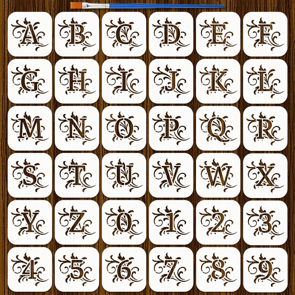 FINGERINSPIRE 36PCS Letter Number Stencils with a Brush 10x10cm Alphabet and Symbol Numbers Stencils PET Drawing Templates for Wood Signs Wall Decor Fabric Painting DIY Projects