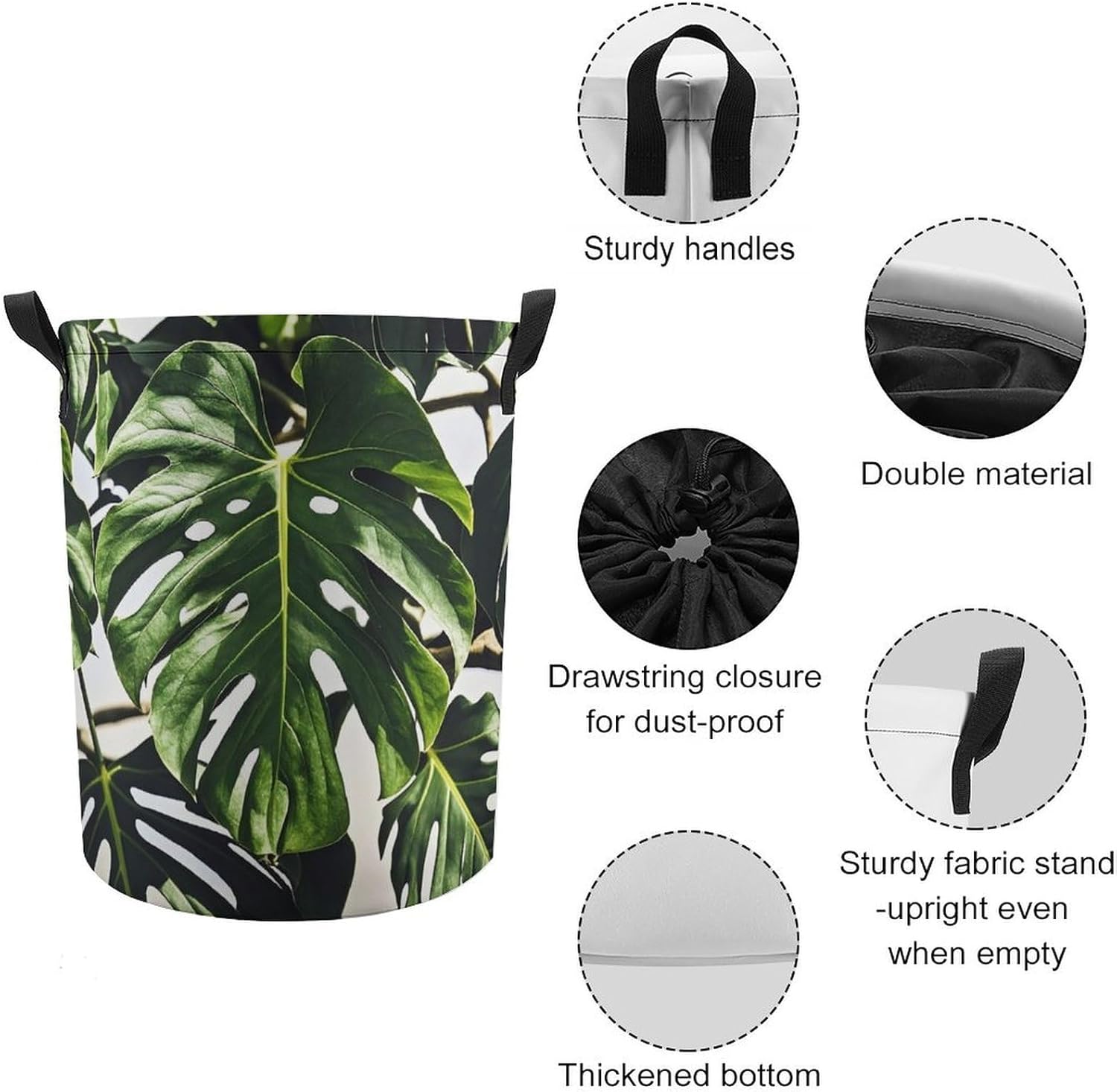 Black Green Leaves Laundry Bag Large Collapsible Laundry Baskets Freestanding Waterproof Clothes Hamper with Handles & Drawstring for Laundry Room Bedroom Bathroom