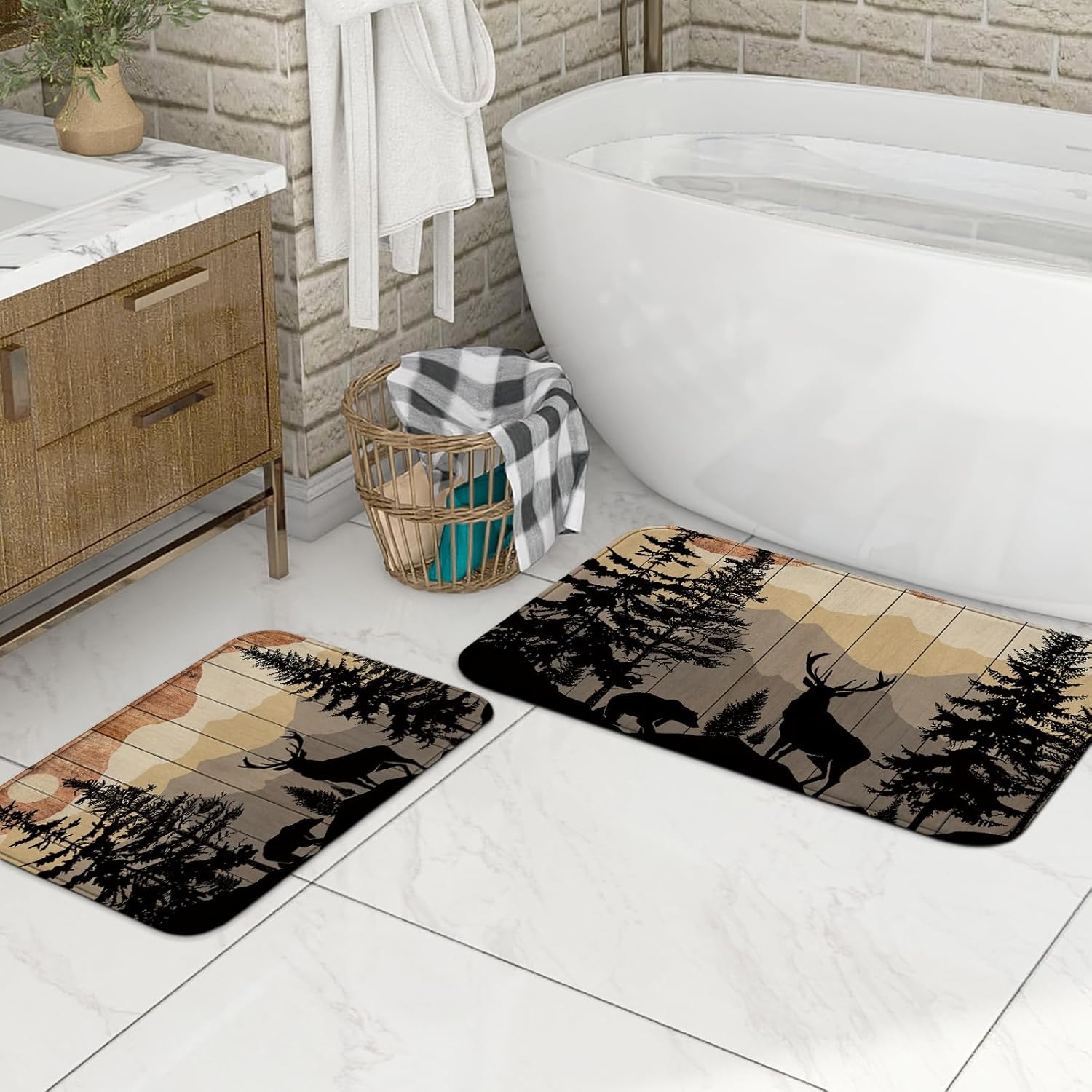 3Pcs Rustic Deer Bathroom Sets with Shower Curtain and Rugs, 72'' Shower Curtain and Two Non-Slip Washable Bath Mats (15.7''x23.6''&19.7''x31.5''), Cabin Farmhouse Bathroom Decor