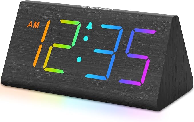 DreamSky Wooden Digital Alarm Clock for Bedroom - RGB Electric Desk Clock with Large Numbers, USB Port, Loud Alarm for Heavy Sleepers, Dimmer and Volume Control, Snooze, Wood Décor (Adapter Powered)