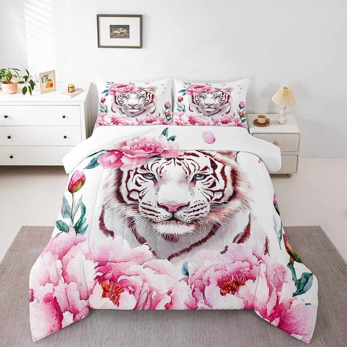 3D White Tiger Bedding Tiger Floral Bedding Comforter Sets, Twin Size Cute Cartoon Animal Comforter Set for Girls Lady Women, African Safari Animal