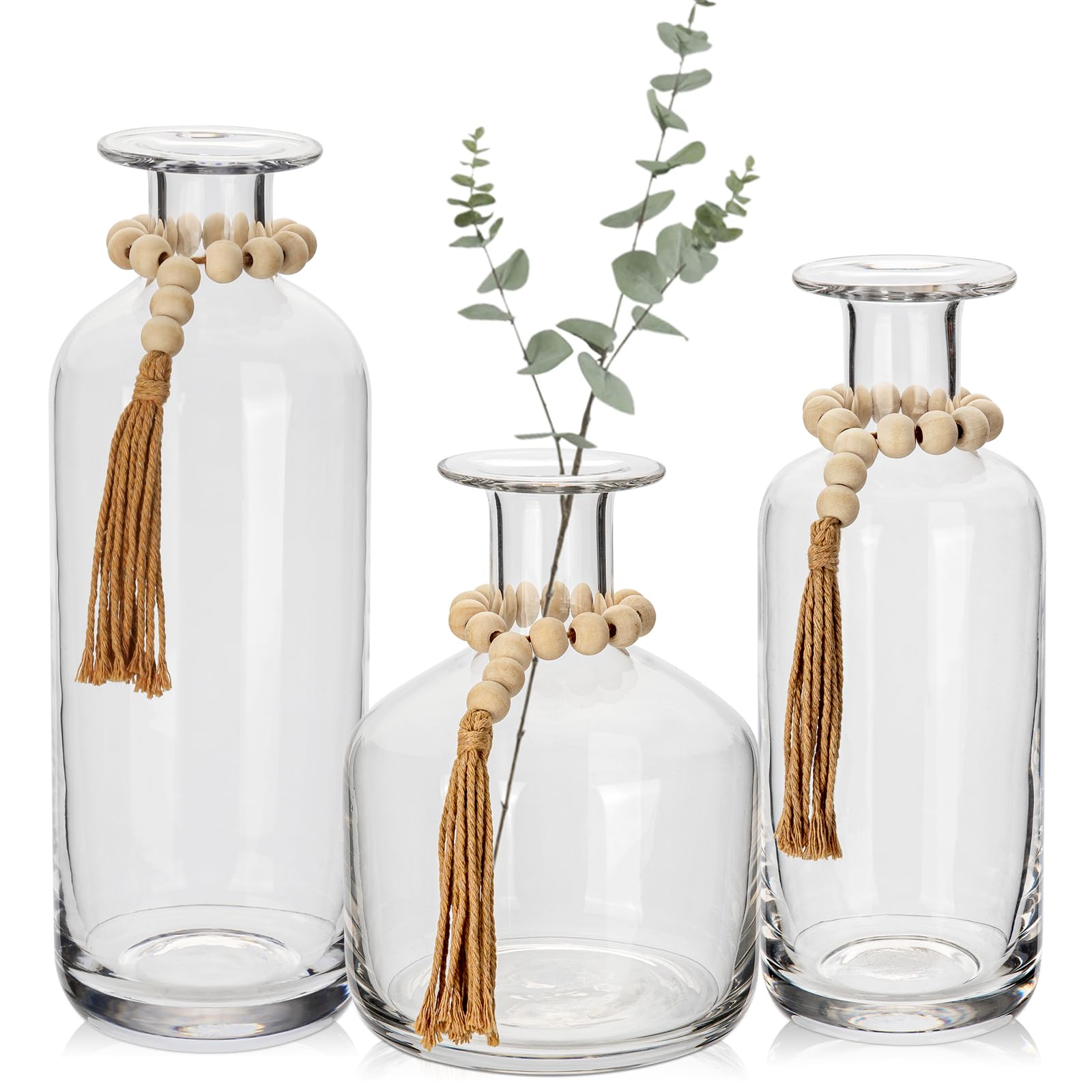 Clear Glass Vase Set for Home Decor - 3PCS Farmhouse Vases with Wood Beads, Flower Vases Assorted Tall Vases for Pampas Grass, Living Room, Table Centerpiece, Fall Decor, 10"/8.5"/6.5"