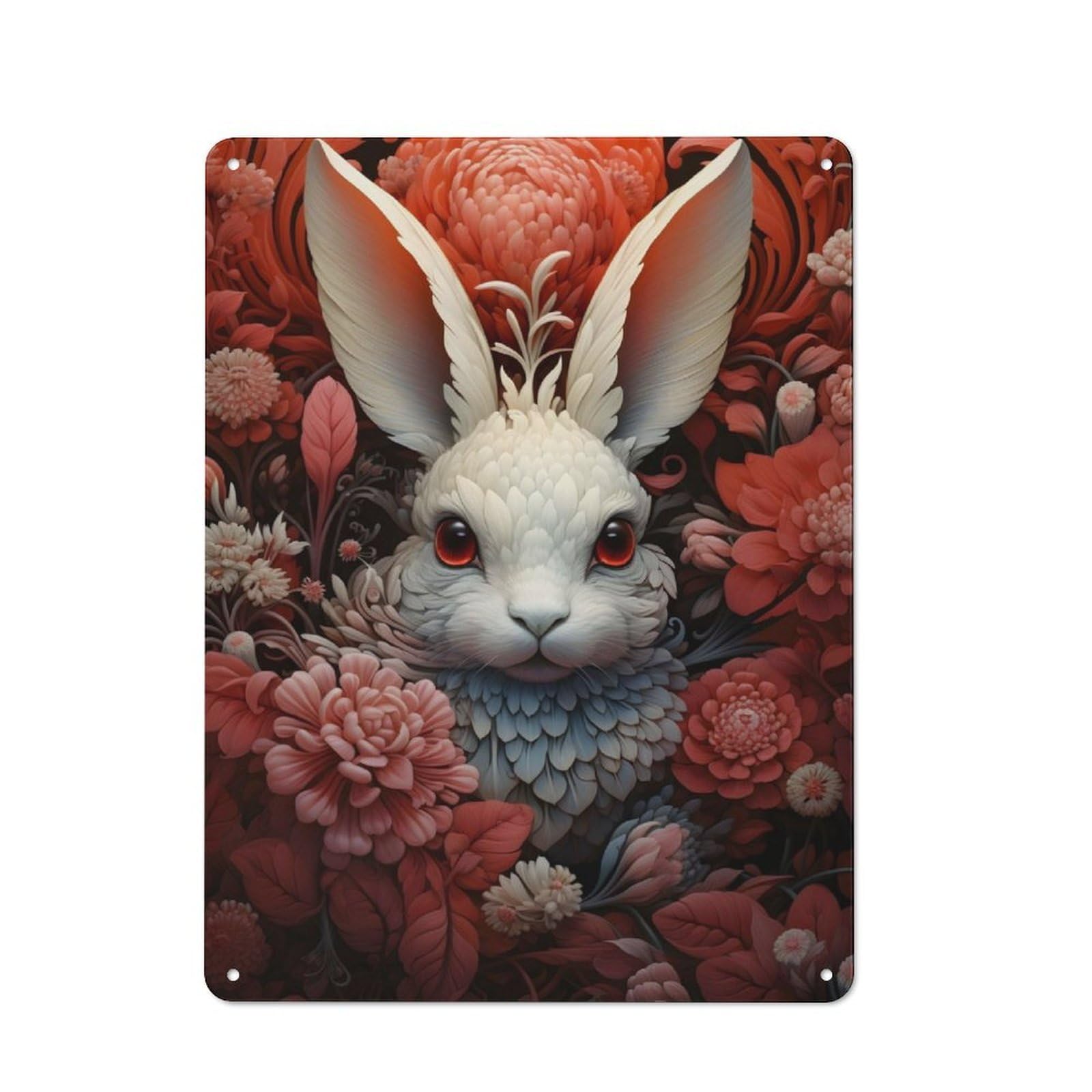 Junmoney Rabbit Red Flowers Rustic Metal Sign 40X30cm For Lounge Or Reading Corner, For Reading Corner Decorators