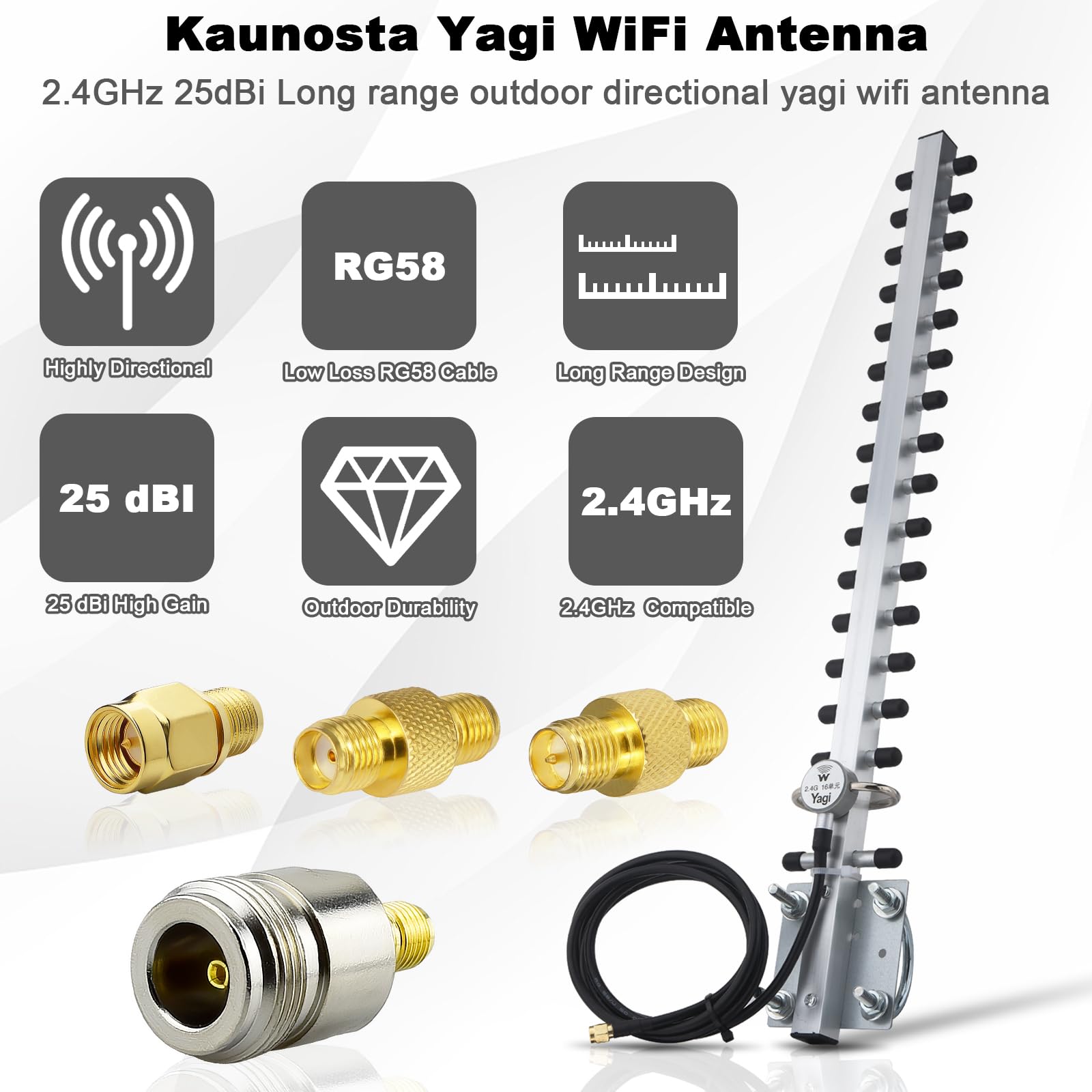 Yagi Antenne WiFi 2,4 GHz 25 dBi à gain élevé directionnelle avec connecteur RP-SMA et câble de 1,5 m, kit d'adaptateur de type RPSMA/SMA/N pour routeur, adaptateur USB, caméra de sécurité