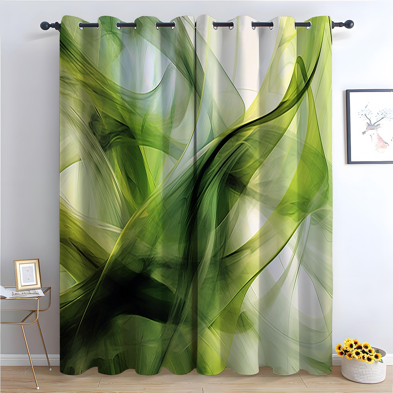 WQBQKKX Abstract Line Curtains For Living Room Elegant Green Patterned Curtains Vintage Art Deco Drapes Thermal Insulated Room Darkening Curtain-52 W x 108" L (Pack of 2)
