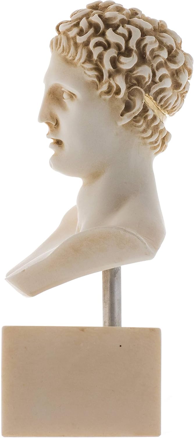 Hermes Bust Alabaster Sculpture Ancient Greek God Conductor of Souls into The Afterlife Marble Base
