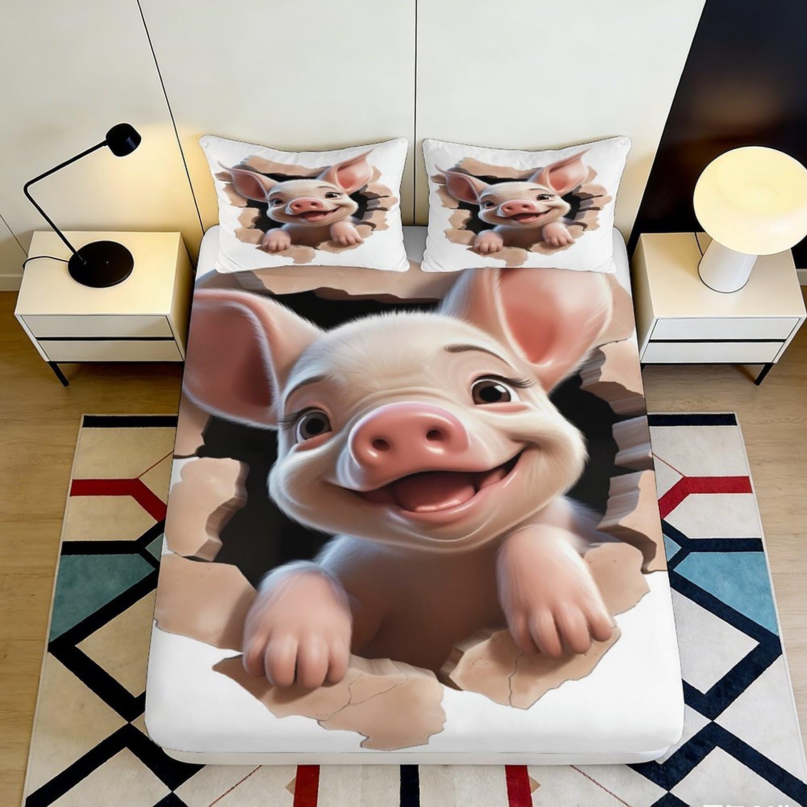 3D Printed Cute Piglet Fitted Sheet Microfiber Soft Breathable Cartoon Bed Cover for Bedroom Dormitory Guest Room Mattress Protection Decor 140x200x25cm