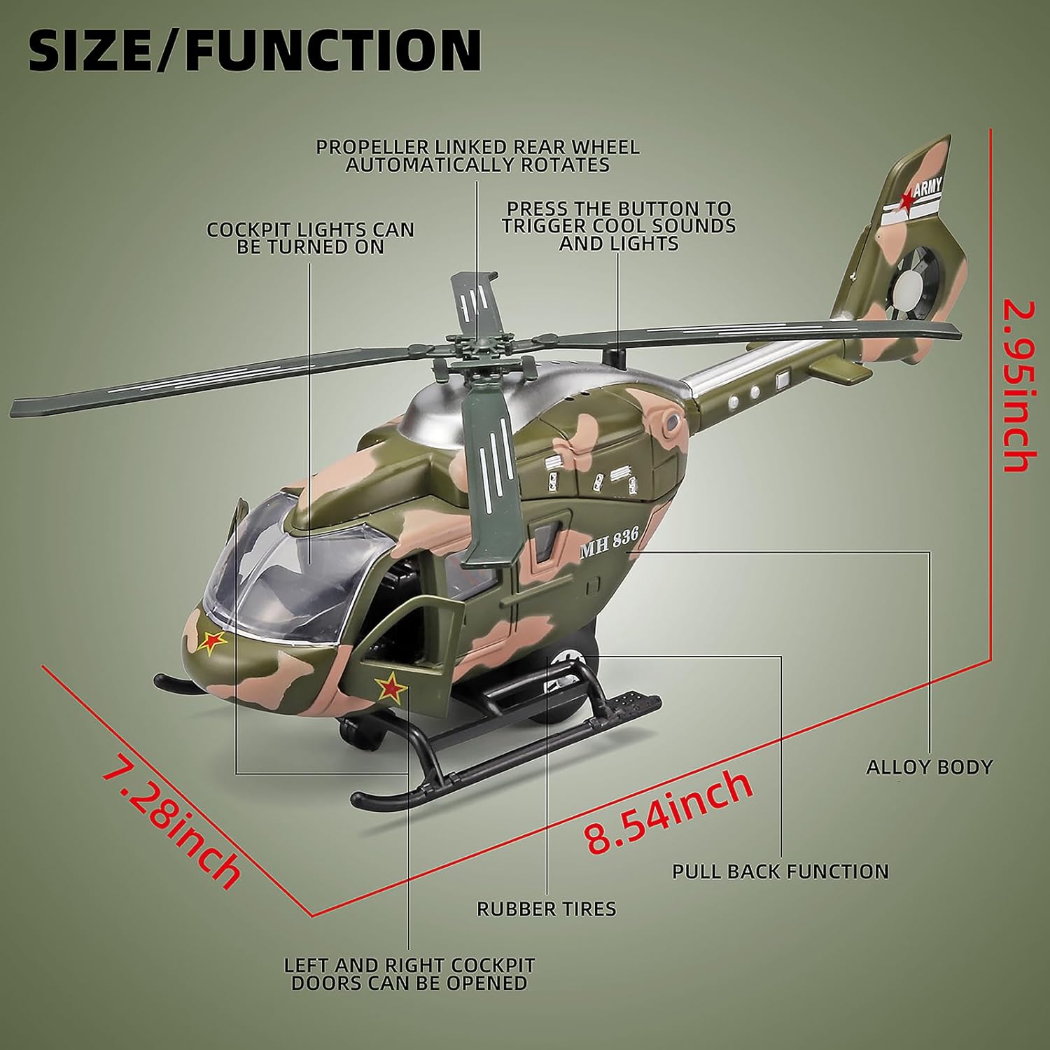 Kids Helicopter Toy Diecast Military Helicopter Model Kit,Pull Back Toy Helicopters with Lights and Sound,Toy Airplane with Rotatable Propeller,Helicopters Toys for Boys Age 4-7（ArmyGreen）