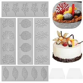 Pack of 5 Leaves Silicone Mold 3D Silicone Molds with 2 Scrapers DIY Cake Decorations Fondant Silicone Mold Lace Mold Baking for Chocolate Gummies Cake Decoration Desserts Cake Decoration