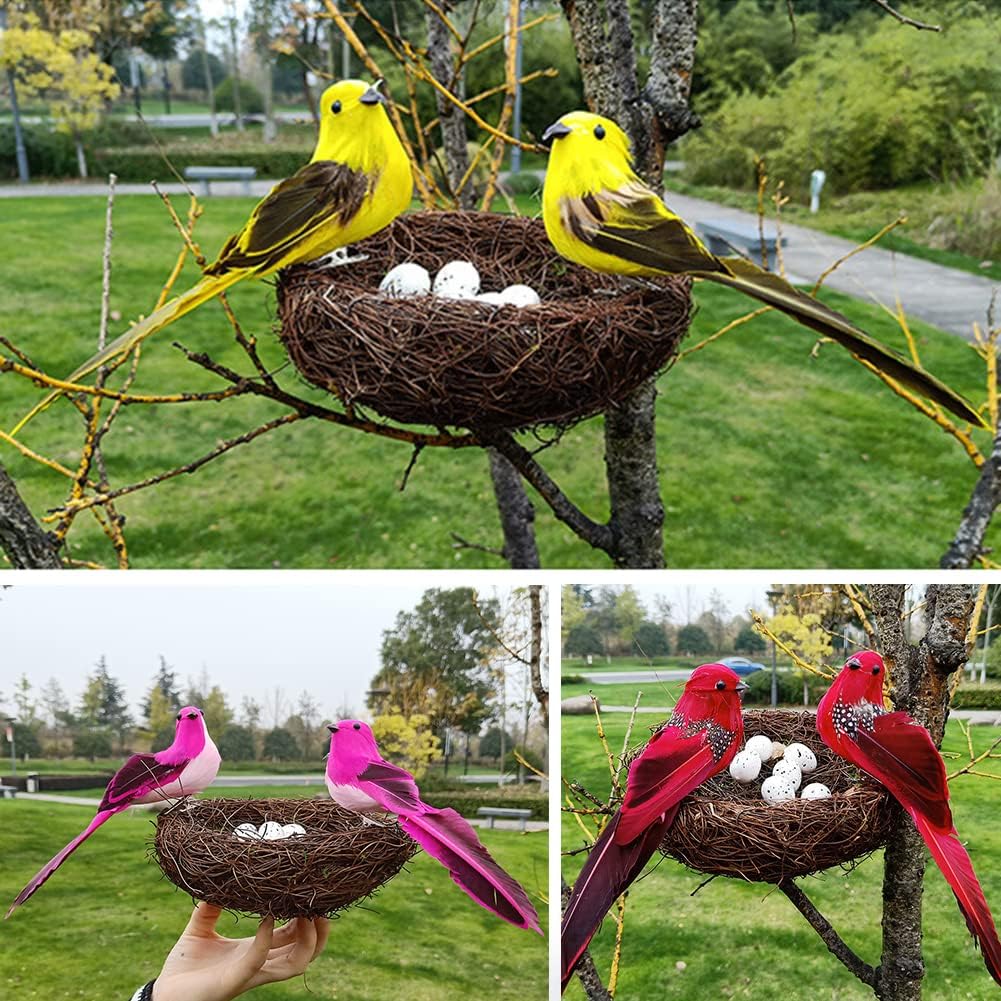 Artificial Bird Nest with Bird and Eggs, Easter Decor Home Ornament | Artificial Feathered Birds Nest Eggs | for Home Garden Decoration DIY Craft Tree Decoration