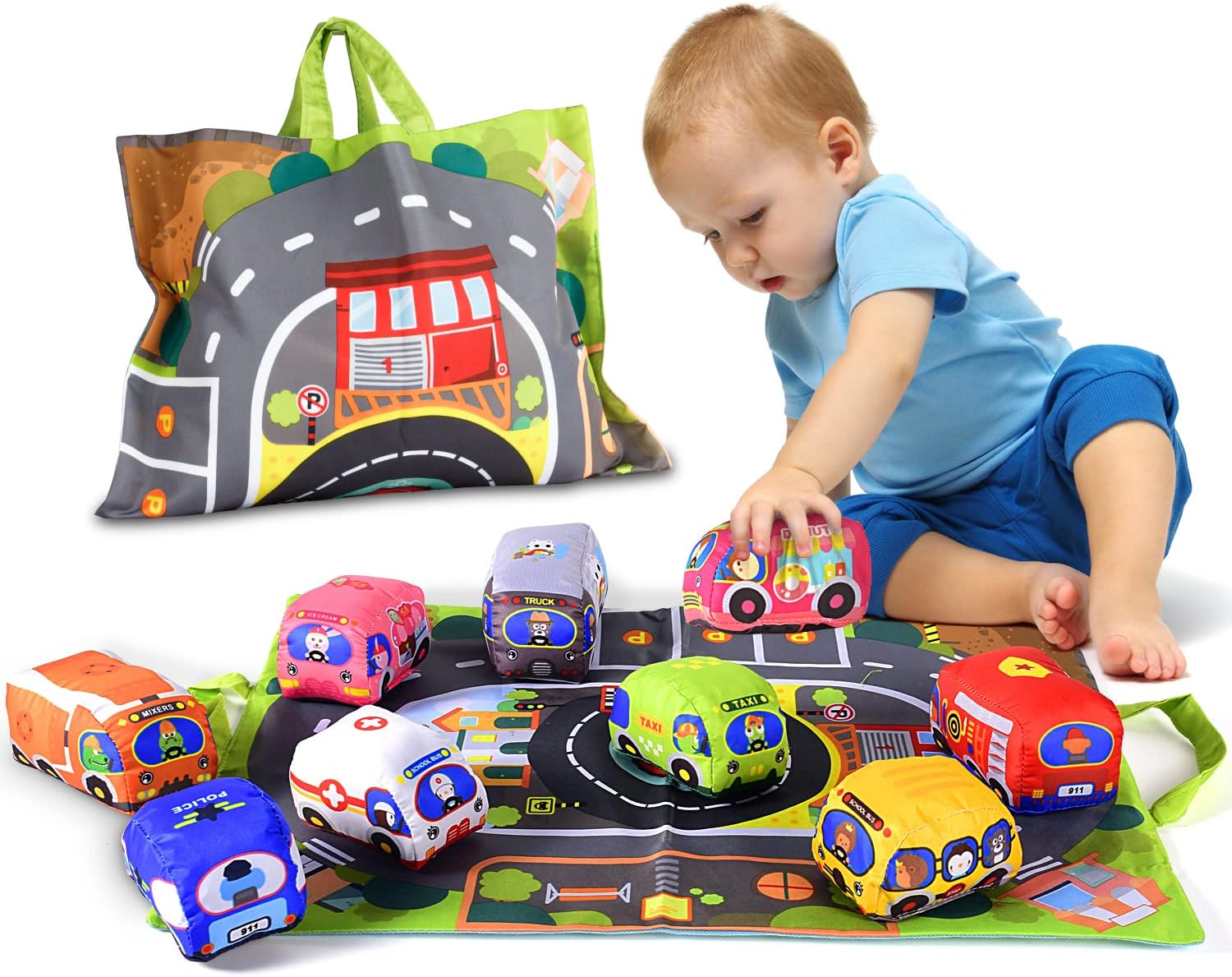 Huanger Soft Car Toy Set with Play Mat for 1 Year Old Baby,Toddlers,Boys and Girls ( 9 Vehicle and a Play mat/Storage Bag) | Baby Toys 12-18 Months|