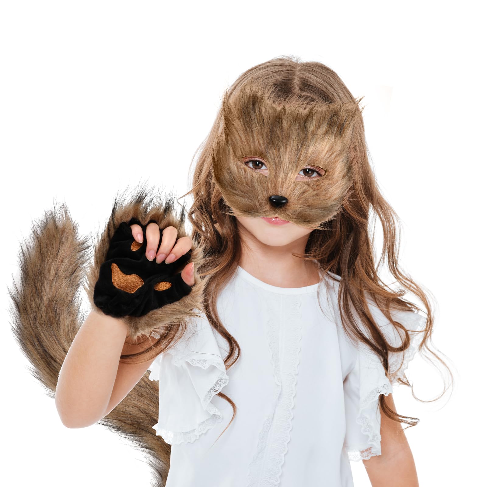 XEPST Animale Fox Costume Set con Therian Mask and Tail, Maschera e Coda da Volpe Therian Set di Accessori per Halloween Cosplay Costume Fancy Dress Carnevale,Marrone