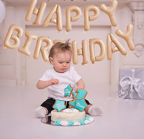 Miniatura 3 de KALOR Pancarta de Globos Beige de Feliz Cumpleaños, Letras de Globos de Papel de Aluminio Mylar de 16 Pulgadas para Decoraciones de Fiesta de