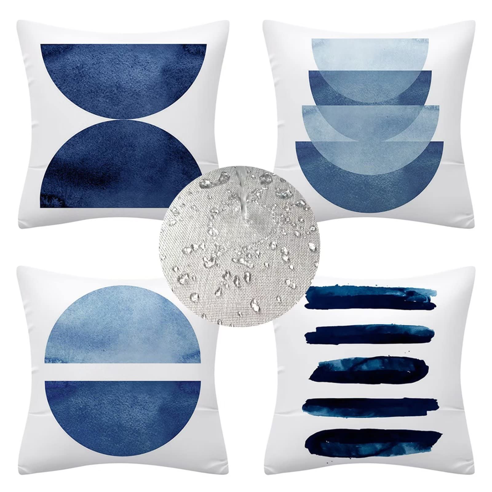 Housses de coussin d'extérieur 30x30 cm bleu lot de 4 motifs géométriques en lin