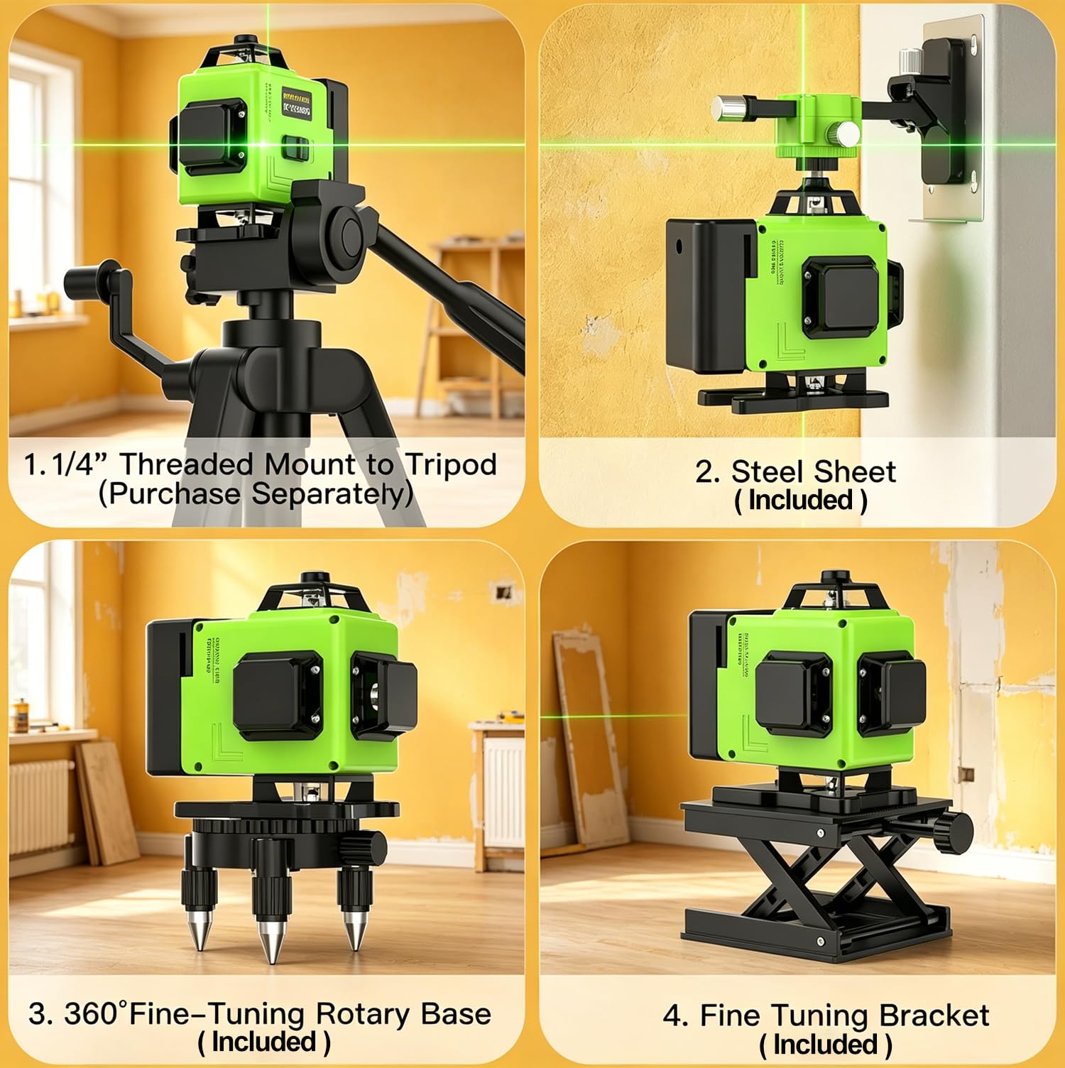 Niveau Laser Chantier Autonivelant 360° x 4, Laser Niveaux 4D 16 Lignes Laser, Autonivellement et Mode Pulsé Extérieur, 2 x Batterie, Nivellement Automatique, Support Rotatif, Télécommande