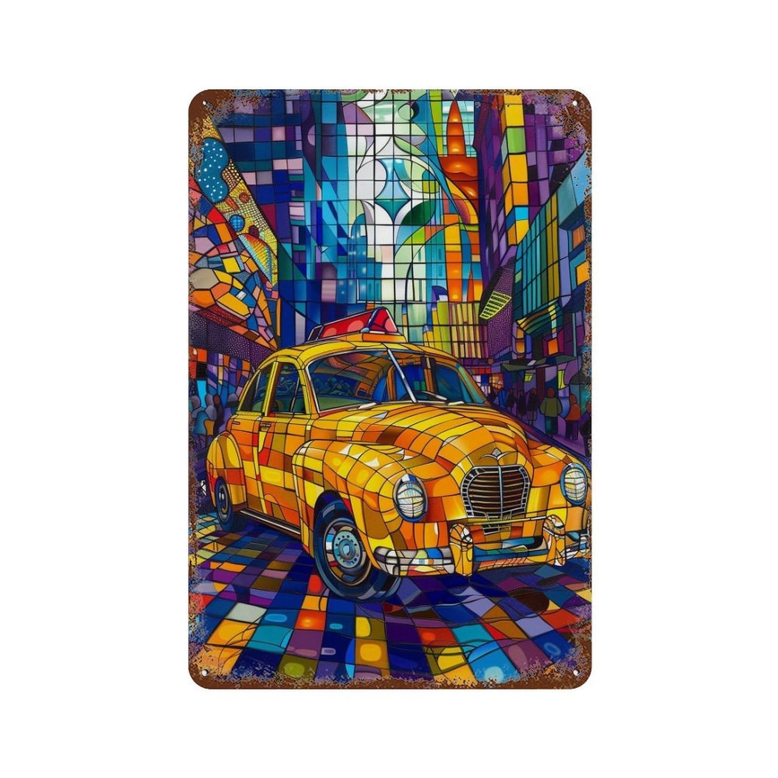 Stained Glass Cityscape with Taxi 11.8"x7.9" Weathered Tin Sign, Shabby Chic Decor for Farmhouse, Kitchen And Entryway Decor
