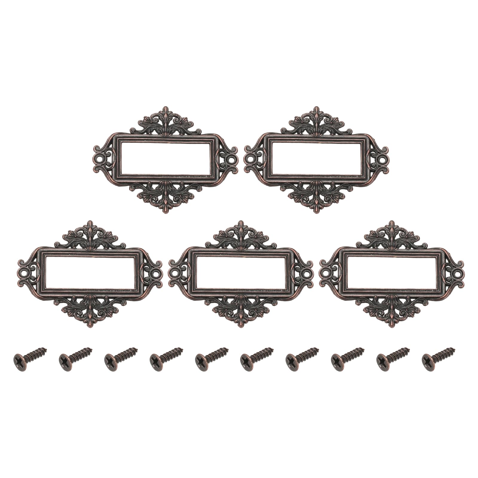 sourcing map 5 Pcs Metal Label Holder, 5.5x4.3cm Small Vintage Card Frame Tag Floral Lace Label Holder with Screws for File Boxes Drawers Door Cabinet Book Shelves, Bronze Red