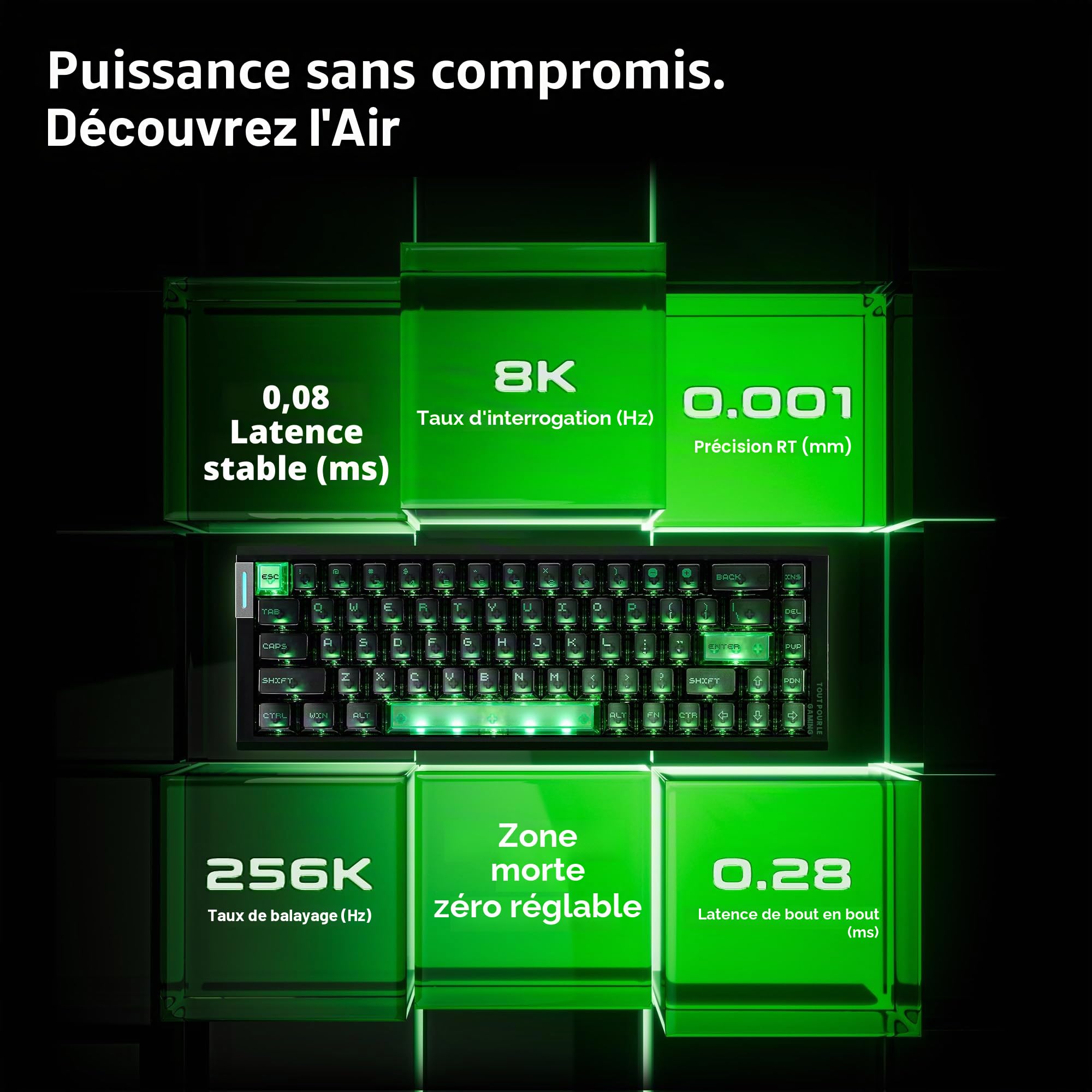 ATK RS6 Air Hall Clavier de jeu effet Hall, polling 8K, balayage 256K, latence de 0,08 ms, RT réglable de 0,001 à 3,3 mm, joint rigide 5 couches, plaque d'aluminium, 65 % 68 touches (noir-zen)