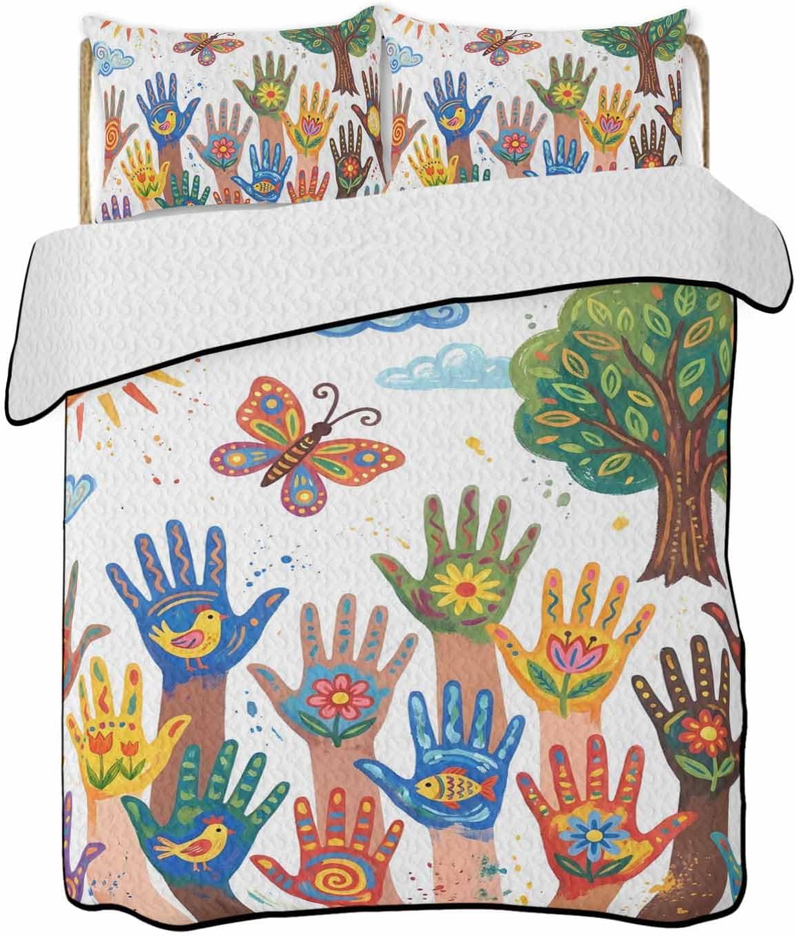 Quilts Twin Size Bedding Set, Cartoon Children's Day Lightweight Quilted Comforter, Colorful Handprints Abstract Art Soft Reversible Bedspread Coverlet with Pillow Covers for All Season, 68" x 86"