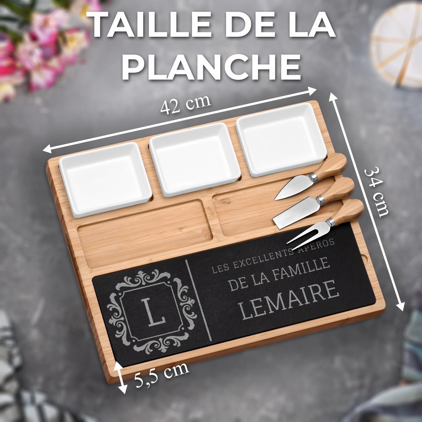 Maverton Planche à Fromage Personnalisée Cadeau Couple - Plateau de charcuterie avec Accessoires - Plateau Apero Gravé pour Parents - Cadeau Personnalisé pour mariés pour mariage/Noël/noces - apéro