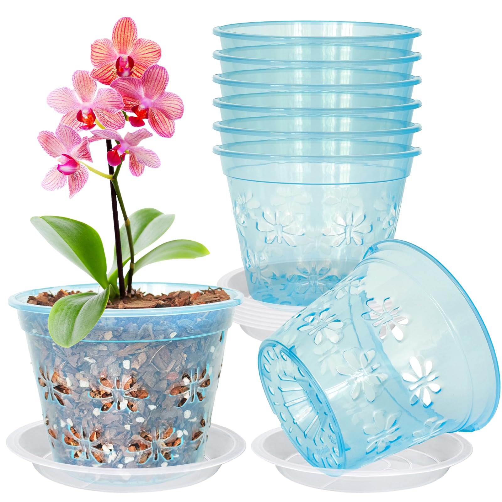 Orchid Pot, 8 Pack Orchid Pots with Holes & Saucers, Clear Plastic Pot for Repotting, Breathable Ventilation Planters for Phalaenopsis, Dendrobium & Oncidium Orchids(5 inch, Blue)