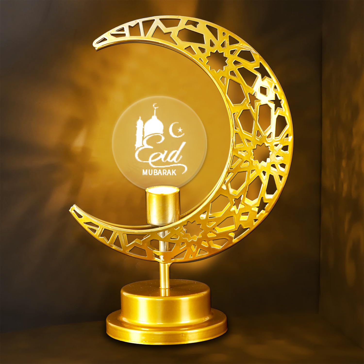 Pomefar Ramadan Lamp - Decorative Desk Lamp, Battery Powered Crescent Moon Light Decor, Patterned Hollow Out Warm Table Lamp for Home Bedrooms (Round)