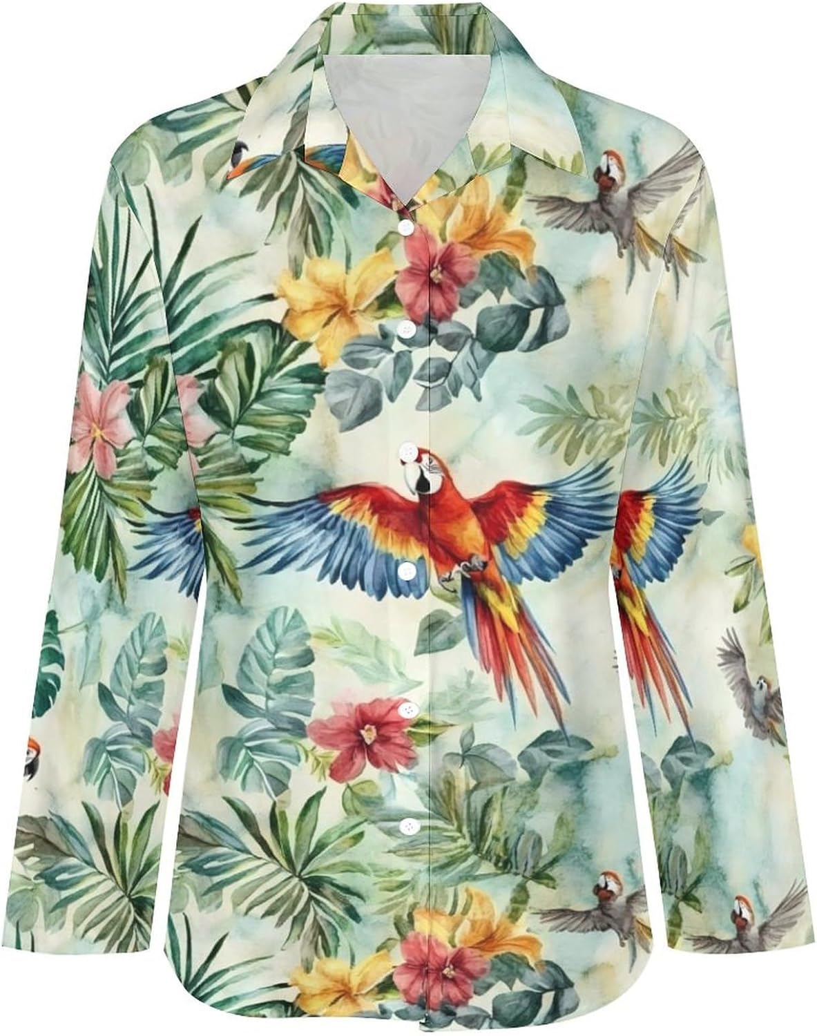Vintage Jungle Animals Parrots Birds Casual Womens Long Sleeve Blouses Hawaiian Loose Button Down Shirts Tops Tees