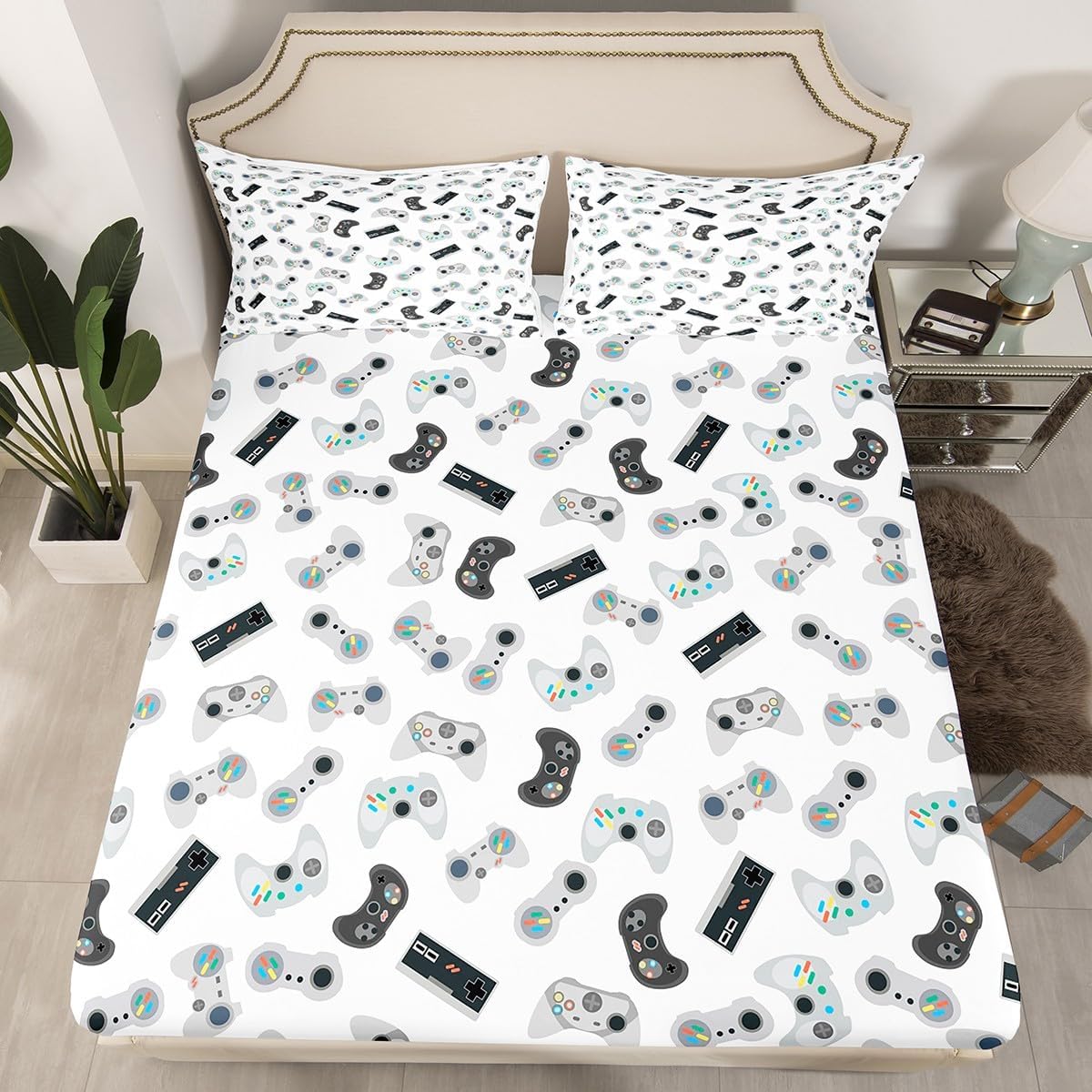 Manfei 4pcs Gamer Bed Sheet Set Full Size, Black Grey Video Game Sheets for Kids Boys Teens Bedroom Decor, Youth Gaming Bedding Set with Deep Pocket Flat Sheet and 2 Pillowcases