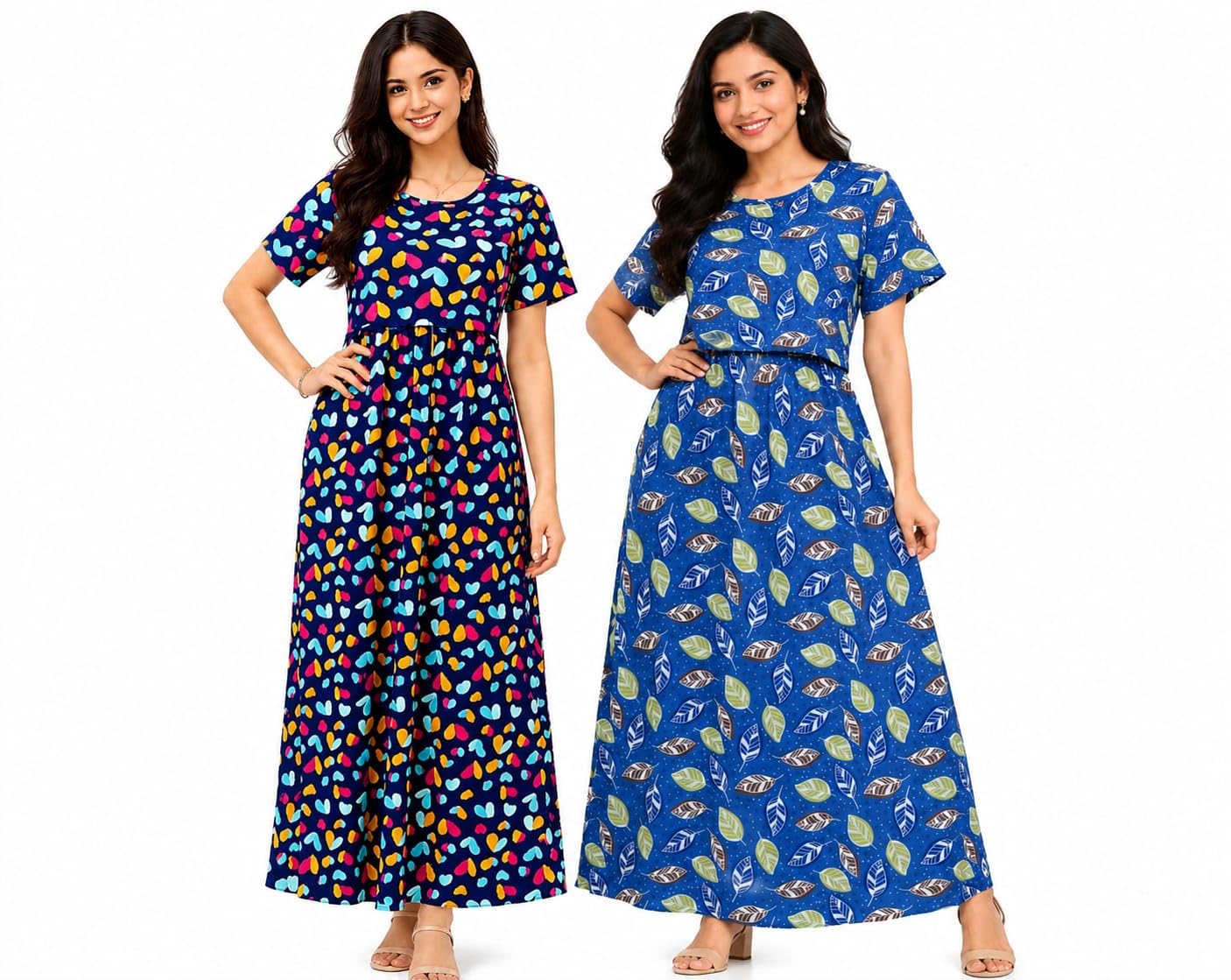 RENIS.Stores Cotton Zipless/Pullup Feeding Maternity Nighty for Women, Back Tie and Side Pocket, Double Heart & 3 Color Leaf Design | Pack of 2 | (Multicolor & Blue) M-Size-image-14