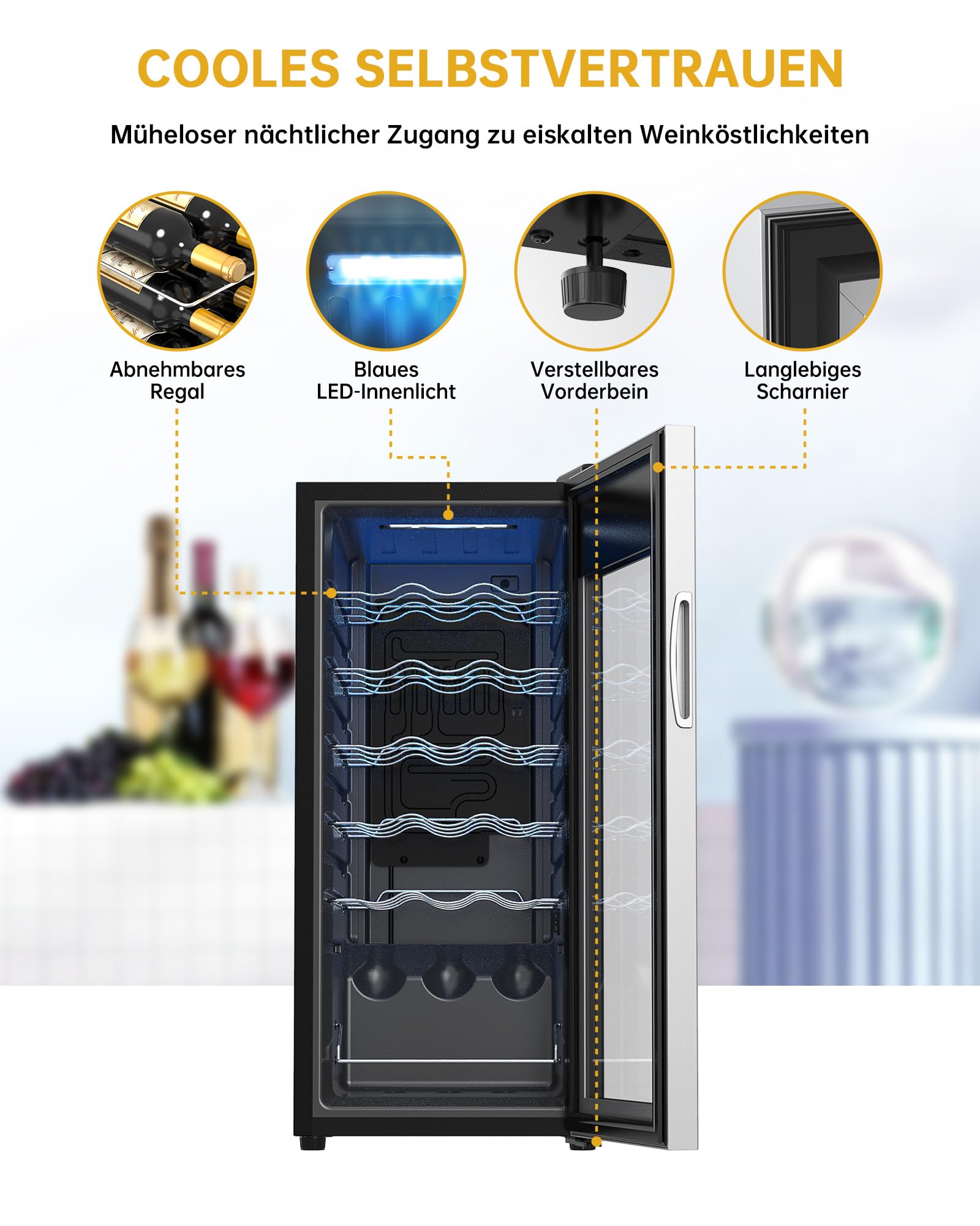 WIE Weinkühlschrank Compressor 53 Liter 18 Flaschen Getränkekühlschrank mit Glastür LED Touchpanel Anti-UV 5-18°C