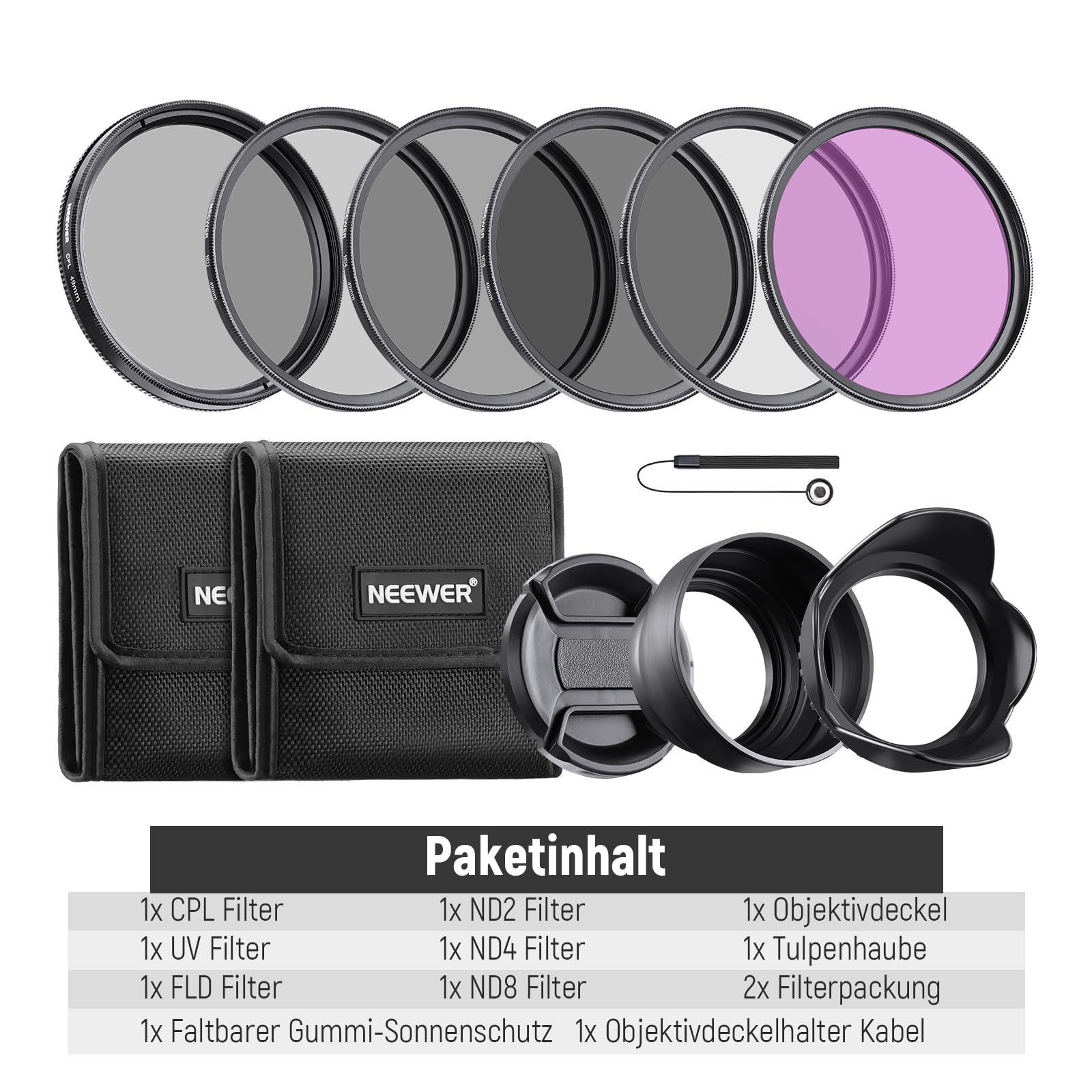 NEEWER 49mm Objektiv Filter Set: UV, CPL, FLD, ND2, ND4, ND8, Gegenlichtblende und Objektivdeckel Kompatibel mit Canon Nikon Sony Panasonic DSLR Kameras mit 49mm Objektiv