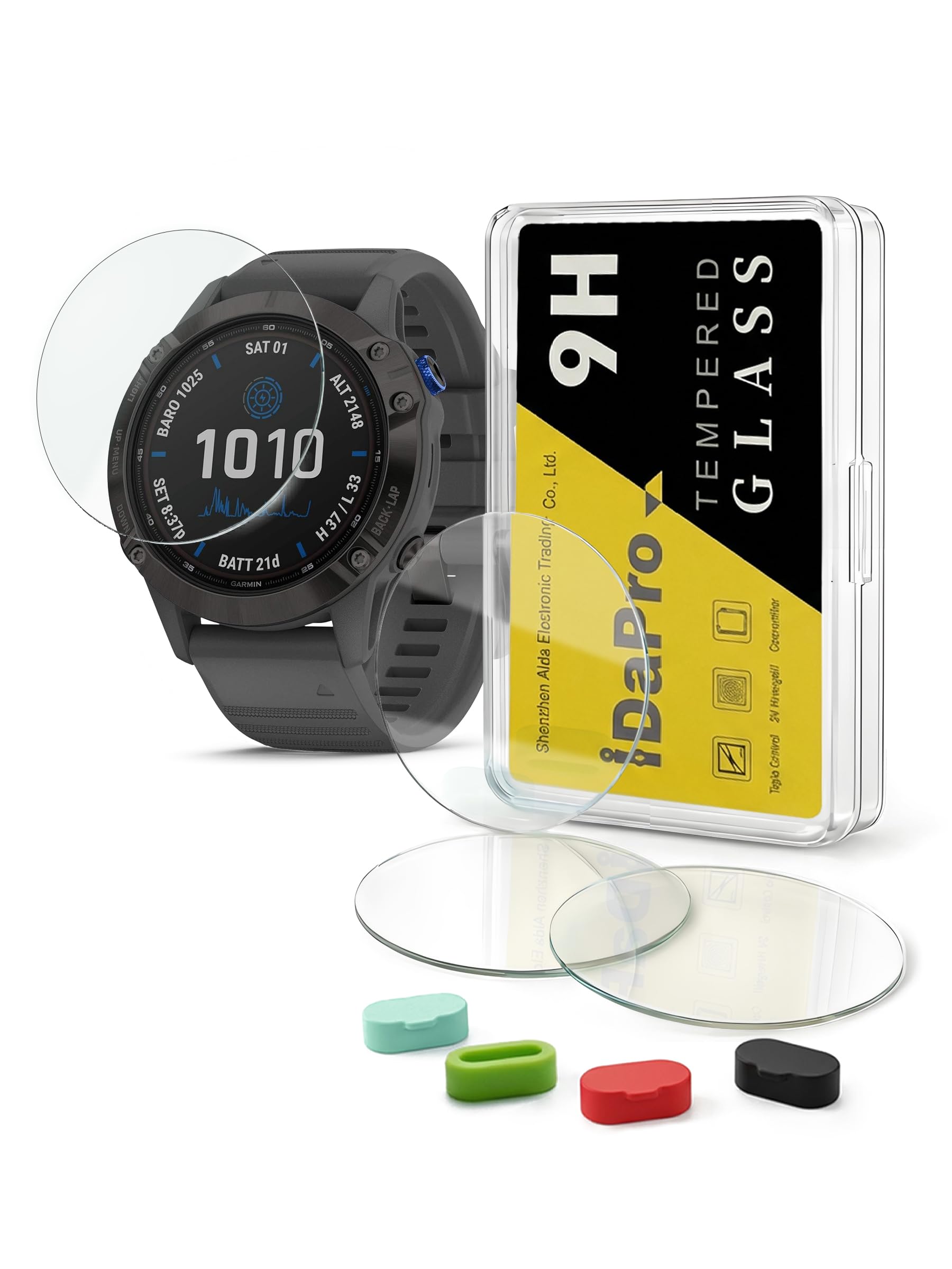 [4 Pack] Screen Protector for Garmin fenix 6 Pro / 6/6 Sapphire/6 Pro Solar Watch + Silicone Anti-dust Plugs Tempered Glass Anti-Scratch Bubble-Free