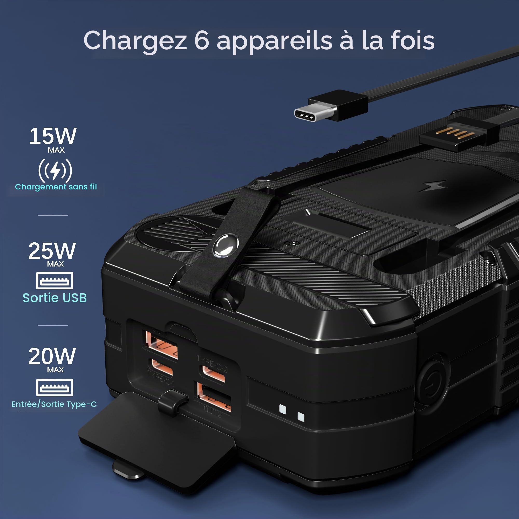 Batterie Externe Solaire 70000mAh: PD 30W USB C Power Bank Charge Rapide avec Manivelle & 2 Câble, 7 Sorties et 4 Entrées, 15W Chargement sans Fil, Lampe de Poche, Chargeur Solaire pour Téléphone