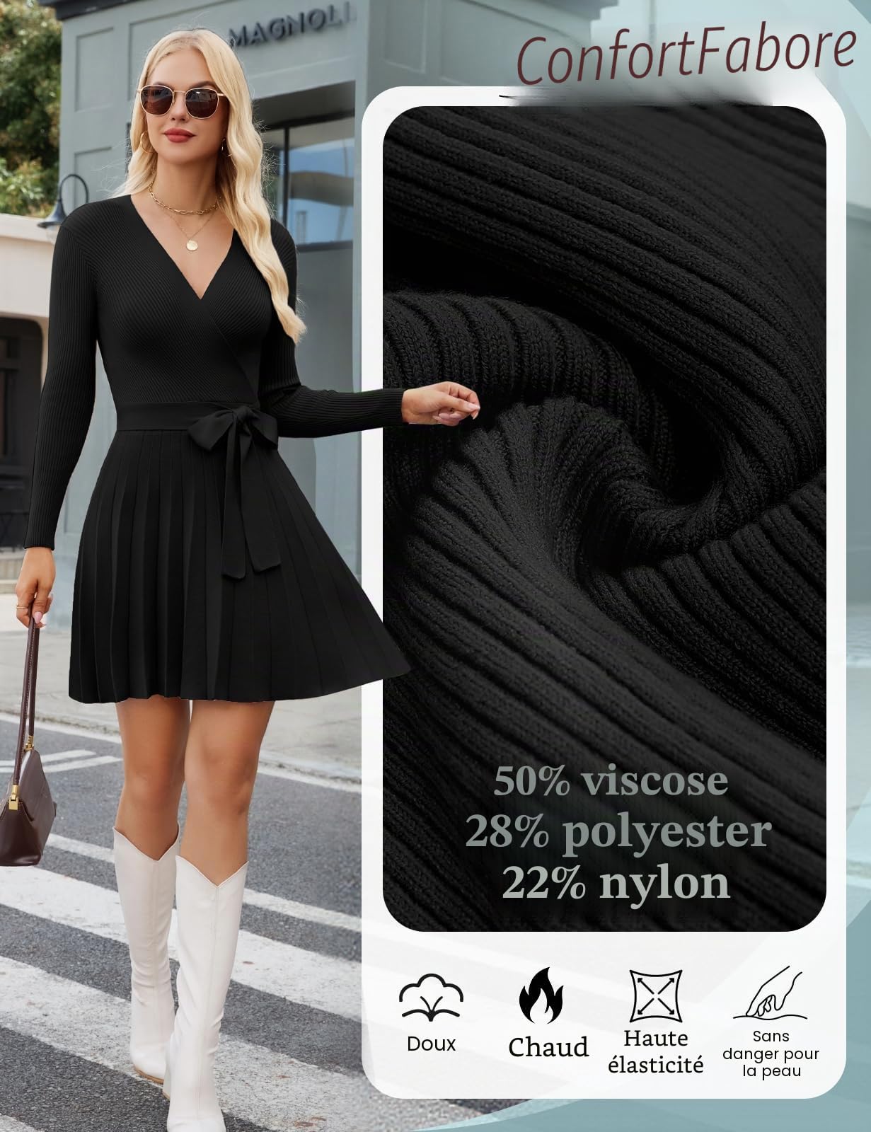Robe Pull Femme Chic et Elegant Hiver Col en V Manches Longues Robe Casual Taille Haute A-Line Jupe Tunique Automne Tricot Robes pour Fête Soiree Noël Mariage