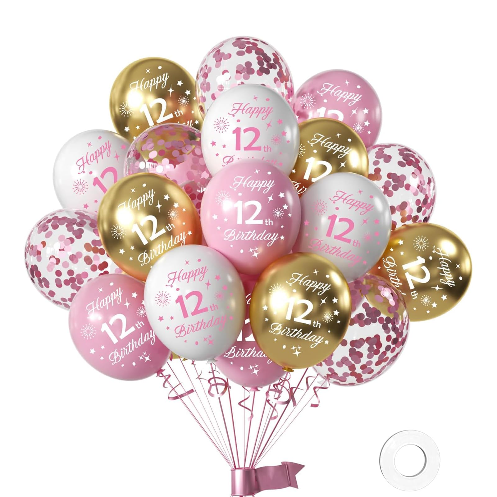 FUNCANDLE Happy 12th Birthday Balloons Pack of 16Pc，12inch Pink and White Gold Balloons Printed Latex Party Balloons Decorations Her 12 Years Old Born Birthday Anniversary Party Supplie